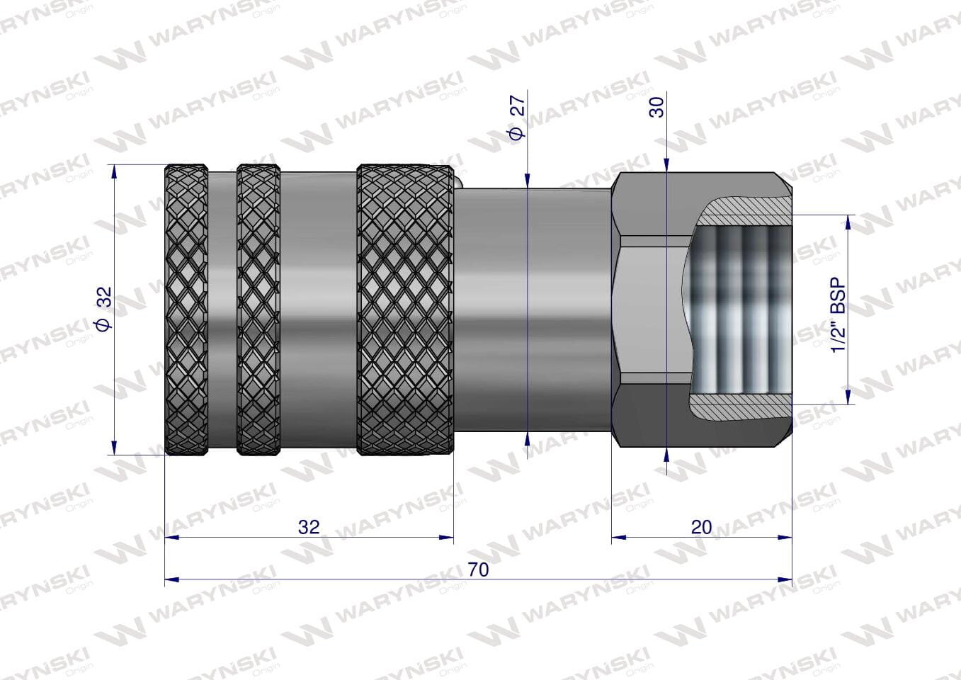 Ilustracja przedstawia szybkozłącze hydrauliczne z wymiarami: długość całkowita 70 mm, średnica 32 mm, średnica wewnętrzna 27 mm, gwint 1/2\