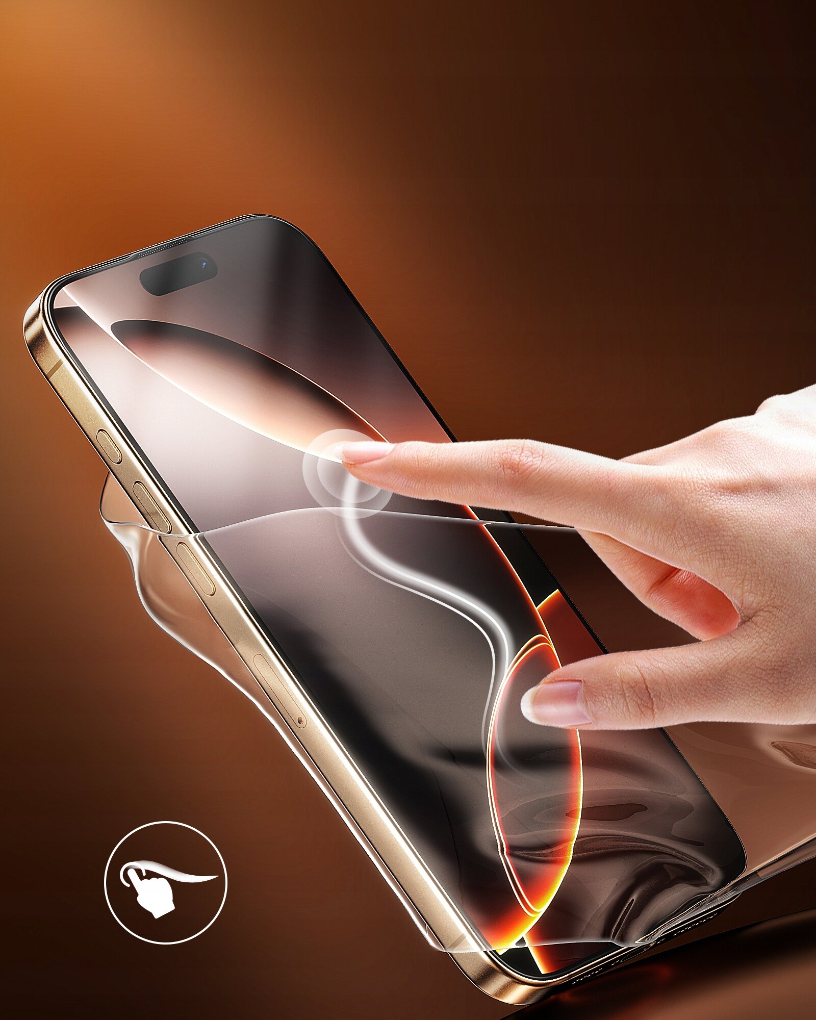 Na zdjęciu widać smartfon z nałożonym szkłem hartowanym, na którym znajduje się dłoń dotykająca ekranu. W dolnym rogu widoczna jest ikona dłoni z gestem przesuwania.