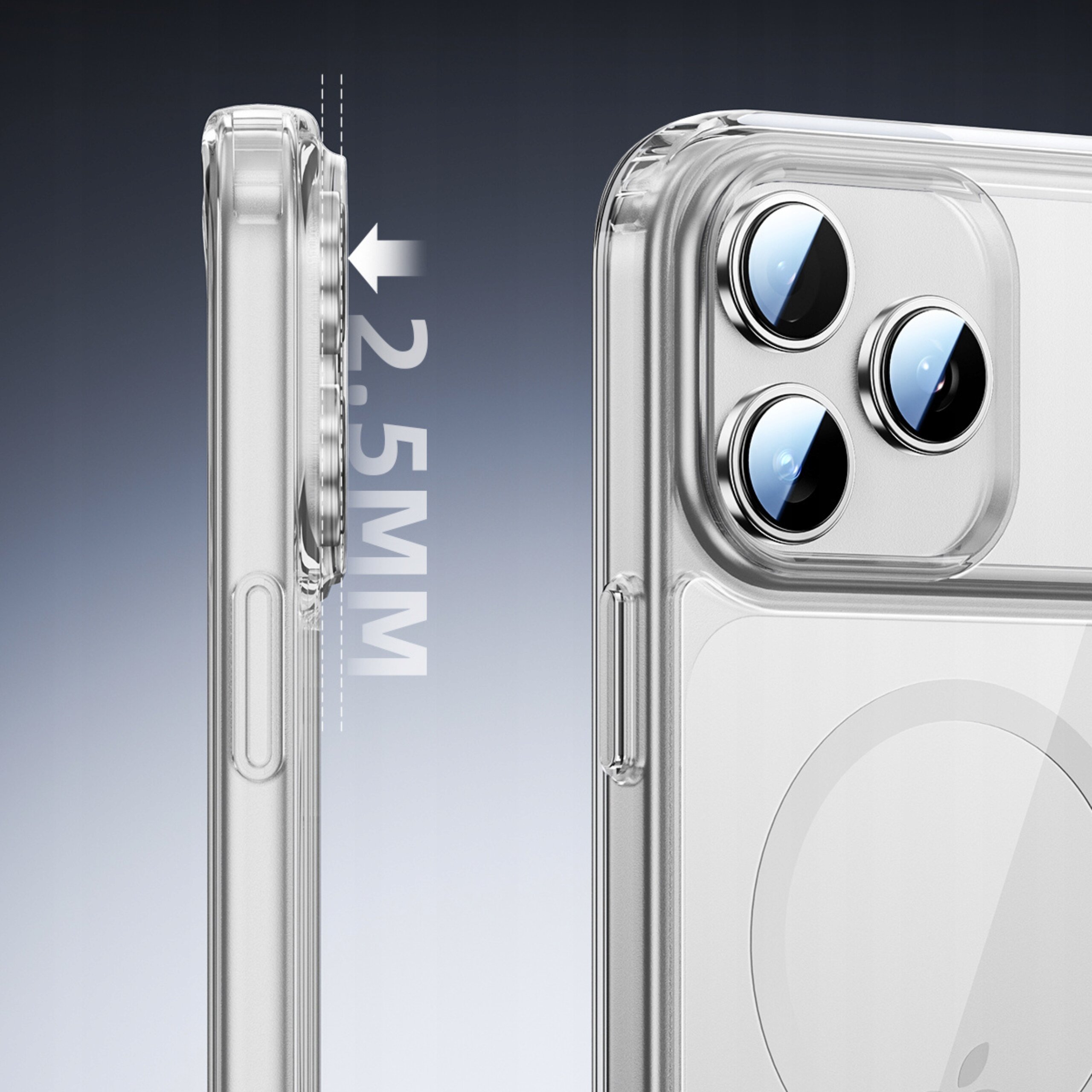 Zdjęcie przedstawia przezroczyste etui na telefon z trzema otworami na aparaty oraz napis \'2.5MM\' wskazujący na grubość ochrony aparatu.
