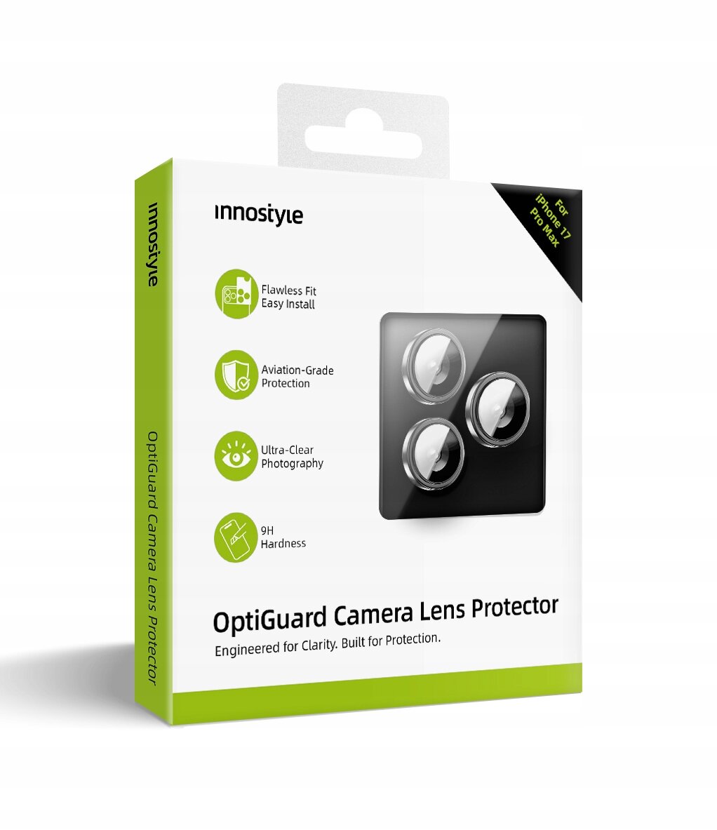 Opakowanie produktu Innostyle Szkło Na Aparat Ochrona Do iPhone 17 Pro / Pro Max Srebne z widocznymi napisami: \'Flawless Fit Easy Install\', \'Aviation-Grade Protection\', \'Ultra-Clear Photography\', \'9H Hardness\', \'OptiGuard Camera Lens Protector\', \'Engineered for Clarity. Built for Protection.\'.