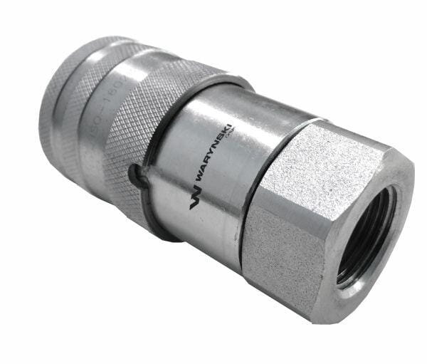 Metalowe szybkozłącze hydrauliczne z widocznym logo \'WARYŃSKI\'.