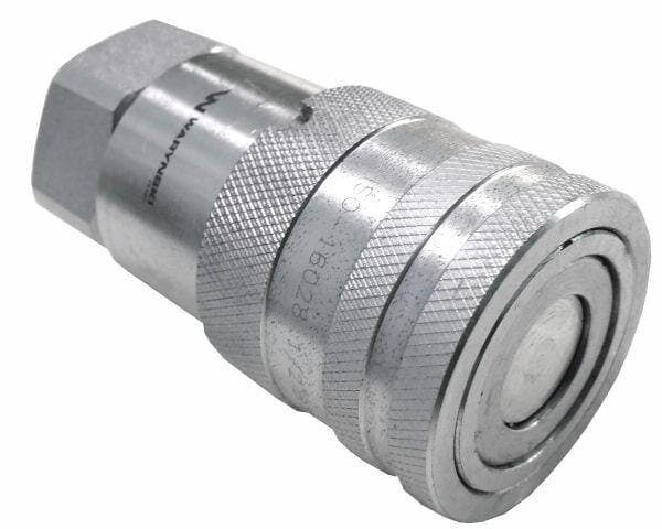 Metalowe szybkozłącze hydrauliczne z widocznym napisem \'ISO 16028\' oraz logo \'Waryński\' na powierzchni.