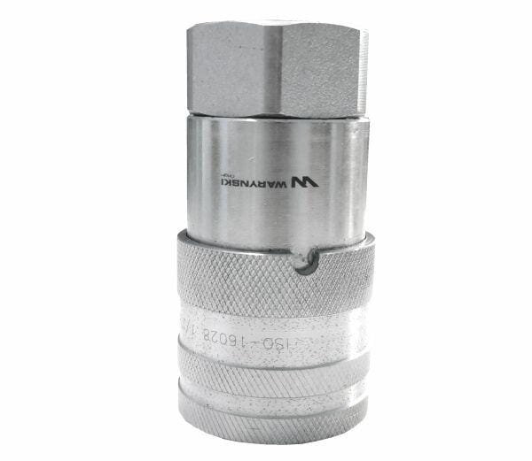 Metalowe szybkozłącze hydrauliczne z widocznym logo \'Waryński\' oraz oznaczeniem \'ISO-16028\'.