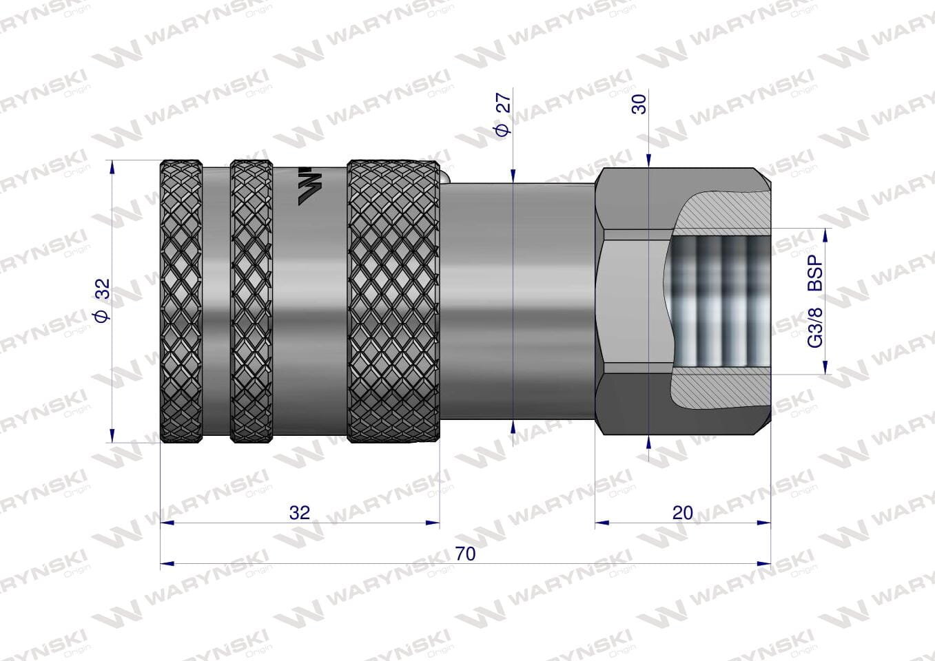 Ilustracja przedstawia metalowe szybkozłącze hydrauliczne z oznaczeniami wymiarów: średnica 32 mm, długość 70 mm, gwint G3/8 BSP. Na tle widoczne jest powtarzające się logo \'WARYNSKI\'.