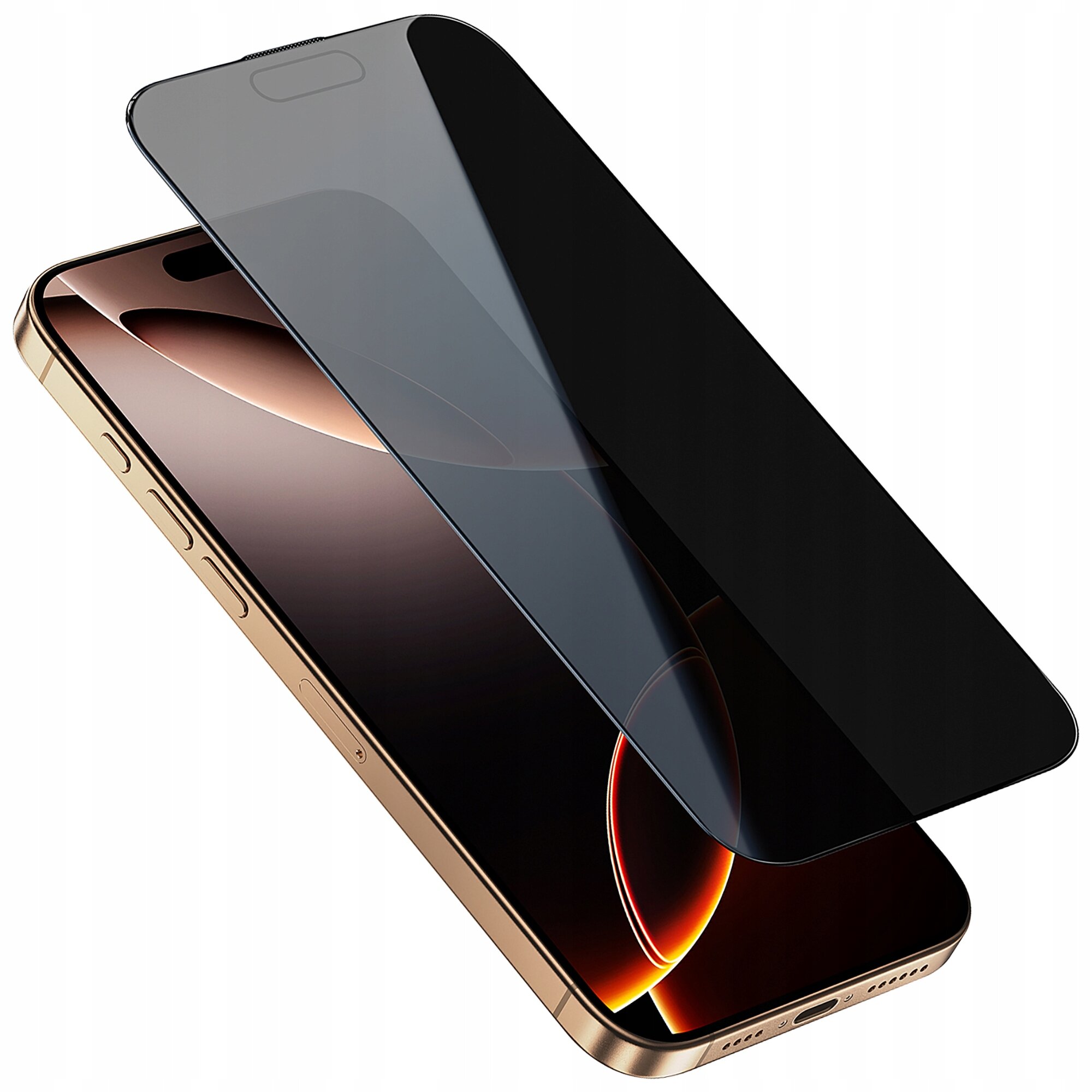 Na zdjęciu widoczna jest szybka ochronna nałożona na smartfon, ukazująca efekt przyciemnienia ekranu. Produkt jest przedstawiony na neutralnym, białym tle.