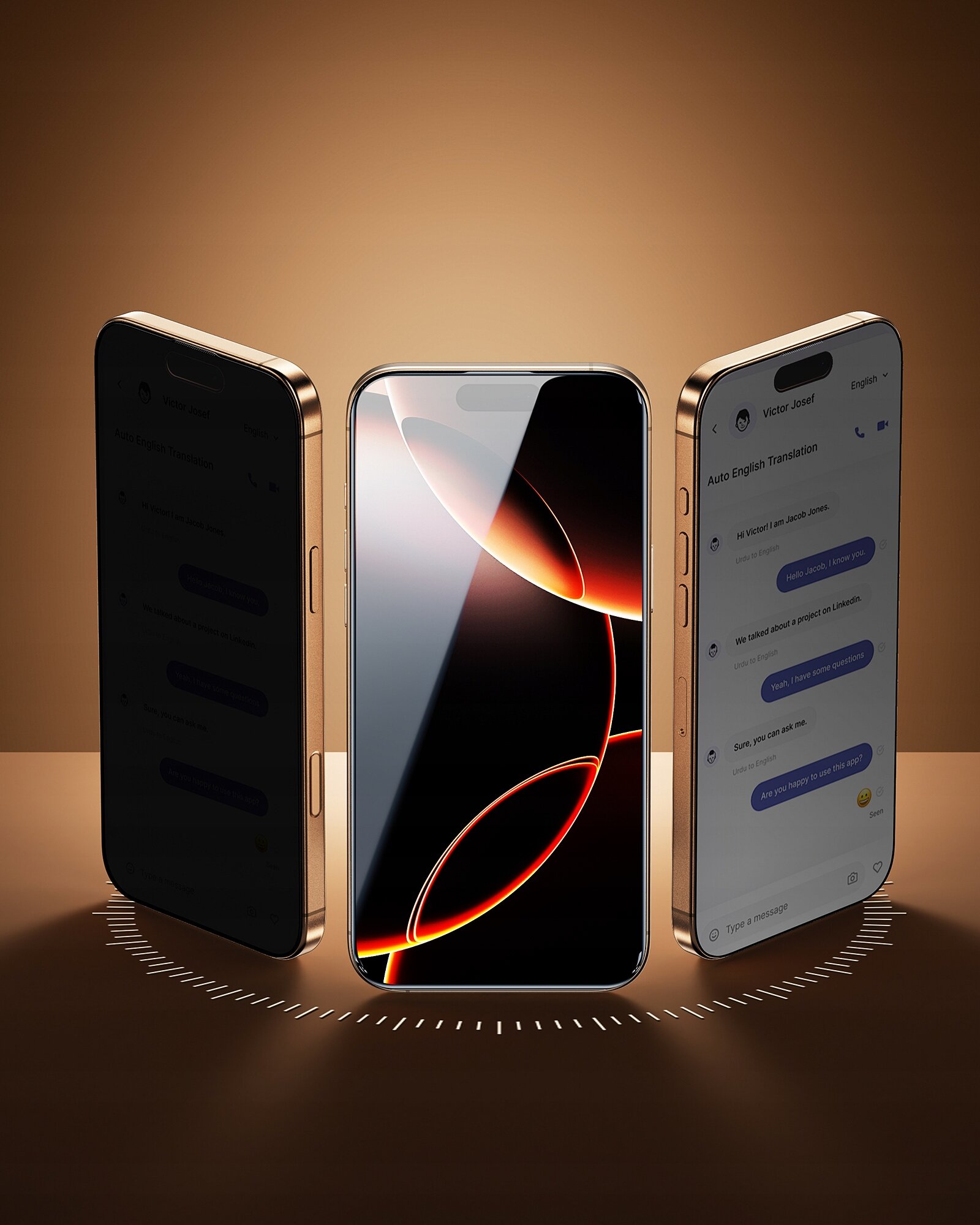 Trzy smartfony ustawione pionowo na brązowym tle, z widocznymi ekranami; środkowy telefon pokazuje abstrakcyjny wzór, a prawy wyświetla aplikację do tłumaczenia.