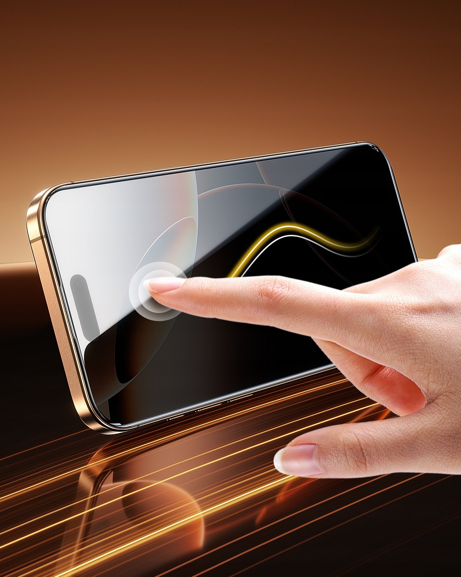 Na zdjęciu widoczny jest smartfon z nałożonym szkłem hartowanym, na którym znajduje się palec dotykający ekran. Tło jest w odcieniach brązu z dynamicznymi, złotymi liniami.