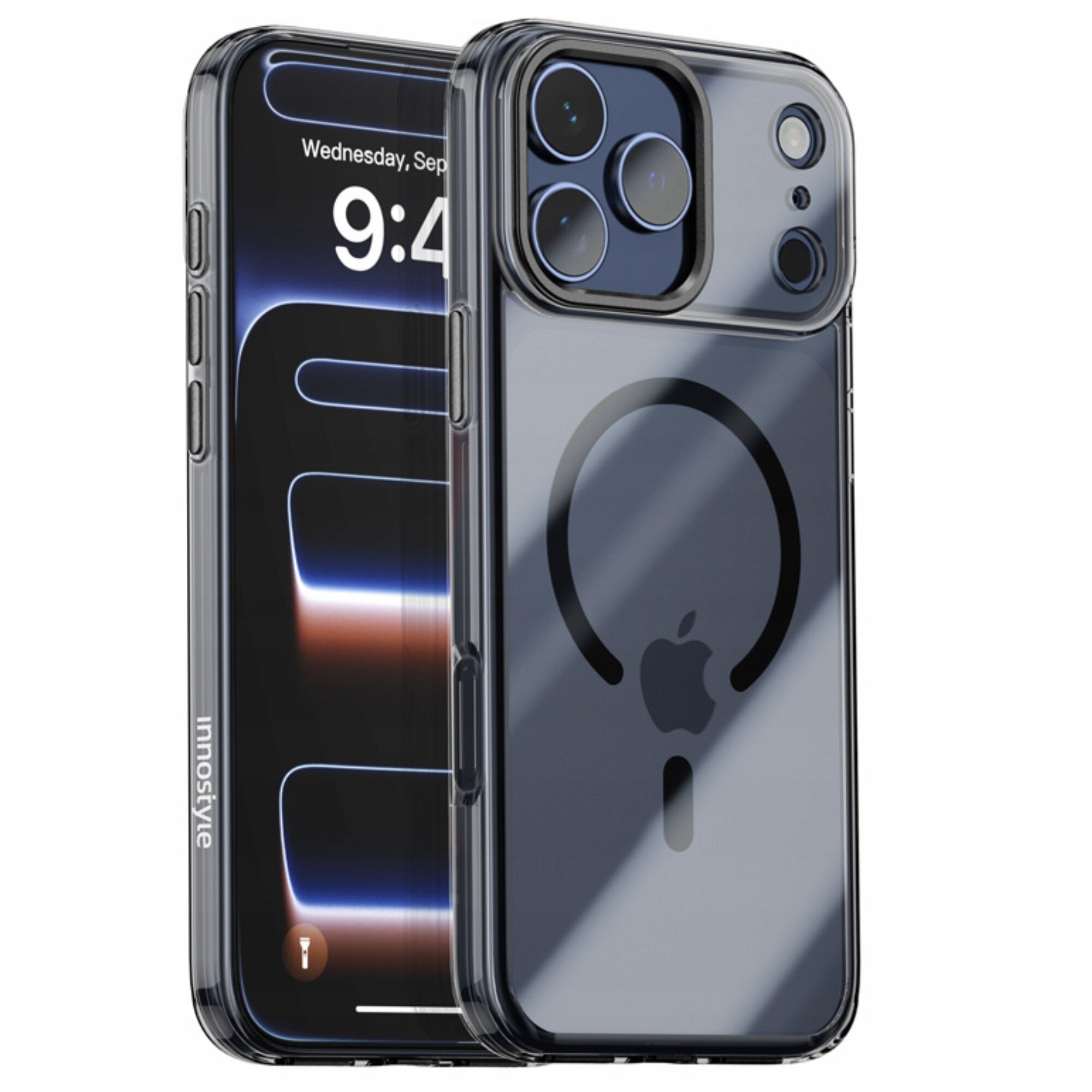 Czarne, wzmocnione etui magnetyczne do iPhone 17 Pro z widocznym logo producenta \'innostyle\' na boku. Na ekranie telefonu widoczna jest godzina 9:41 oraz data Wednesday, September 12.