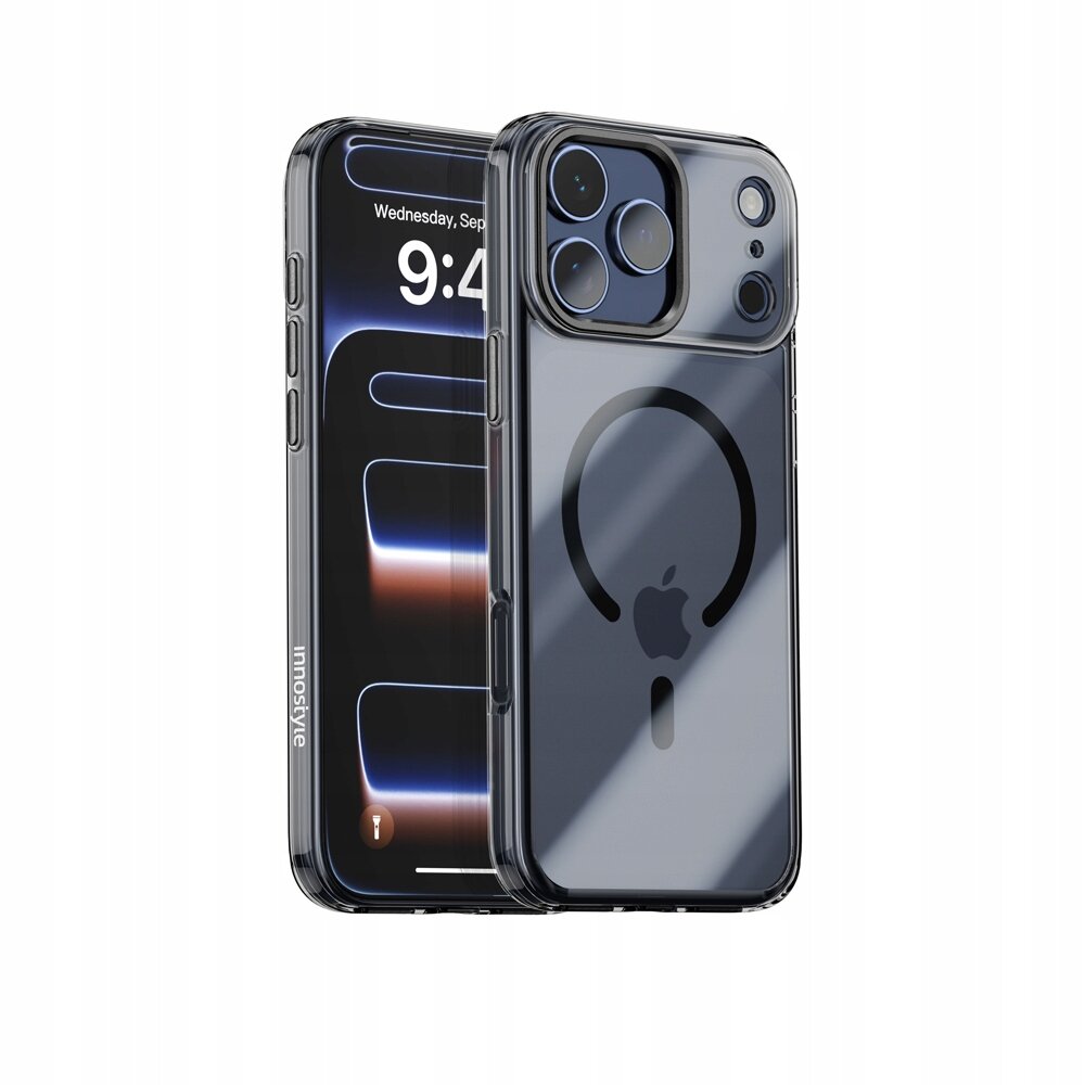 Czarne etui magnetyczne do iPhone 17 Pro z widocznym logo producenta na boku oraz dużym symbolem Magsafe na tylnej części. Na ekranie telefonu widoczna jest godzina 9:41 oraz data Wednesday, September 12.