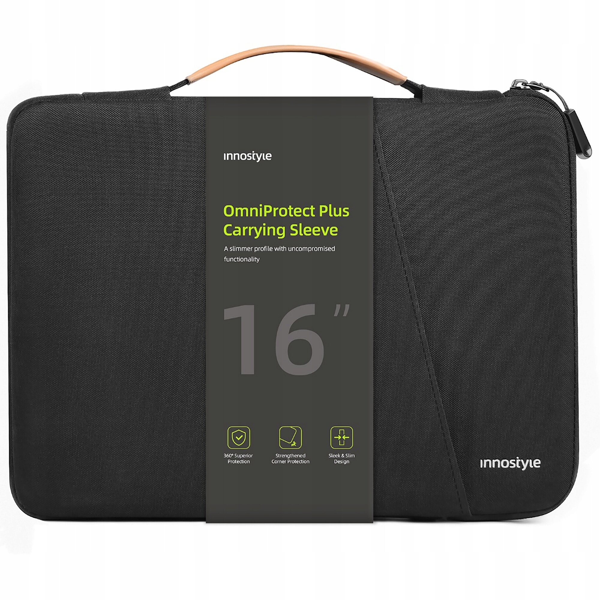 Czarna torba na laptopa z brązowym uchwytem, oznaczona jako \'Innostyle OmniProtect Plus Carrying Sleeve 16\