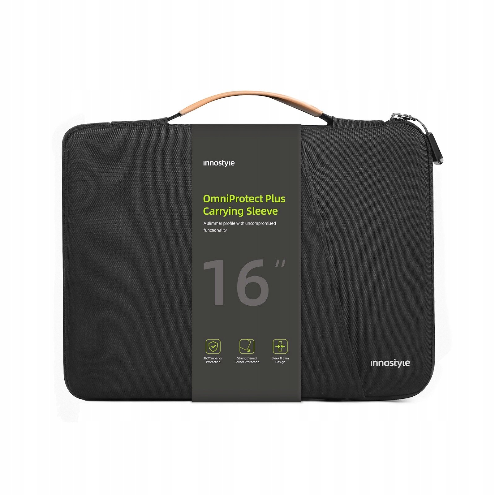 Czarna torba na laptopa z brązowym uchwytem, oznaczona jako \'OmniProtect Plus Carrying Sleeve 16\