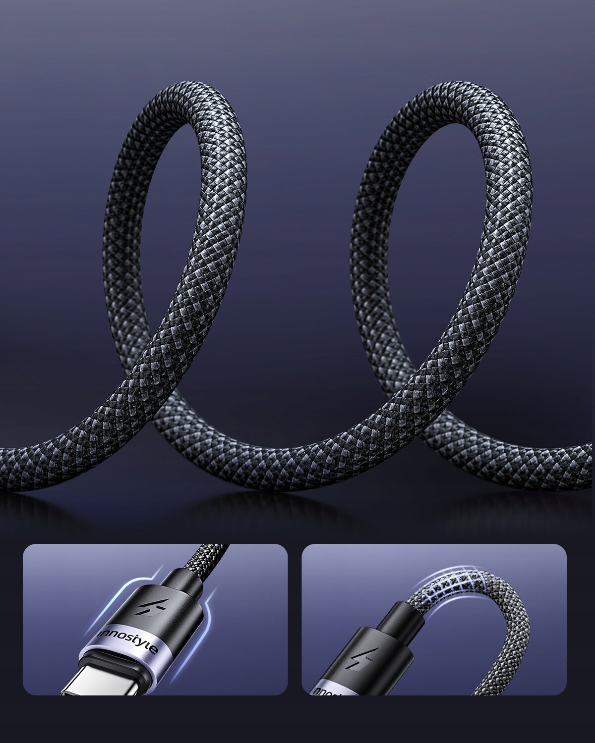 Obraz przedstawia pleciony kabel USB-C w ciemnym kolorze, ułożony w pętle. Na dole widoczne są zbliżenia na końcówki kabla z logo \'Innostyle\'.