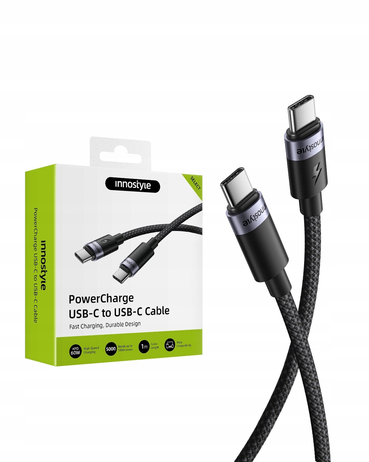 Na obrazie widoczny jest kabel USB-C z plecionym oplotem oraz opakowanie z napisem \'Innostyle PowerCharge USB-C to USB-C Cable\'. Opakowanie zawiera informacje o szybkim ładowaniu, trwałym designie i długości 1m.