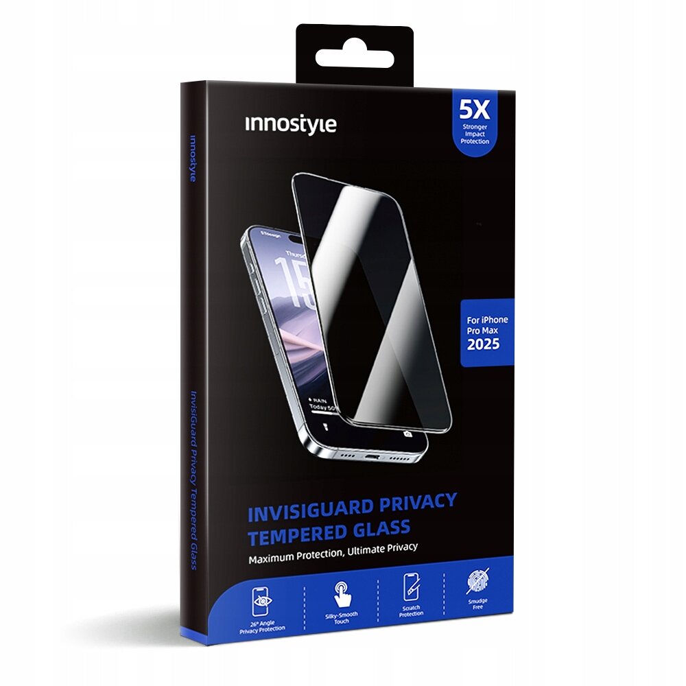 Opakowanie produktu Innostyle Szkło Hartowane 9H Prywatyzujące Szybka Do iPhone 17 Pro Max z widocznym napisem \'INVISIGUARD PRIVACY TEMPERED GLASS\' oraz ikonami przedstawiającymi funkcje produktu.