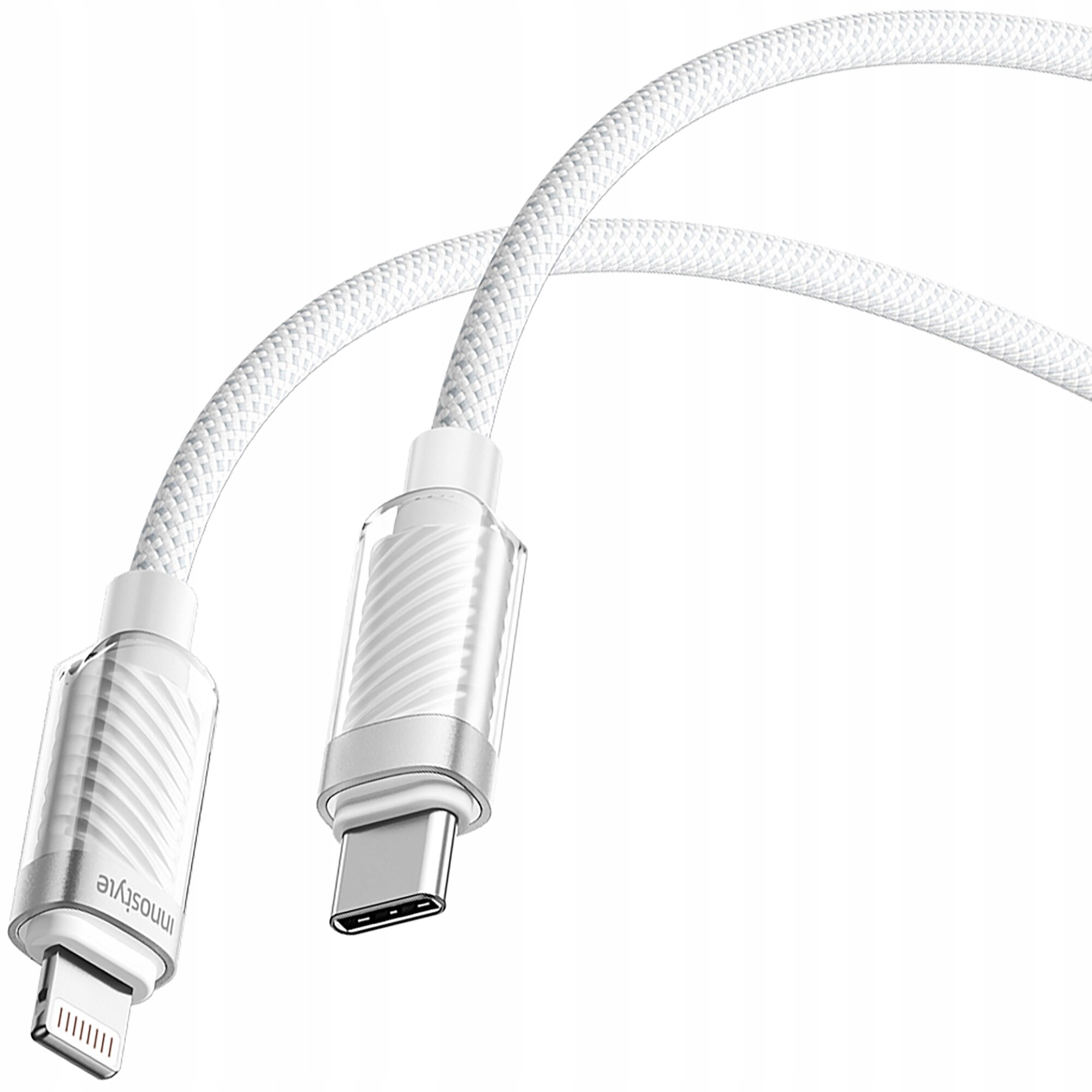 Na obrazie widoczny jest biały kabel z końcówkami USB-C i Lightning, z plecioną osłoną. Na jednej z końcówek znajduje się napis \'innostyle\'.