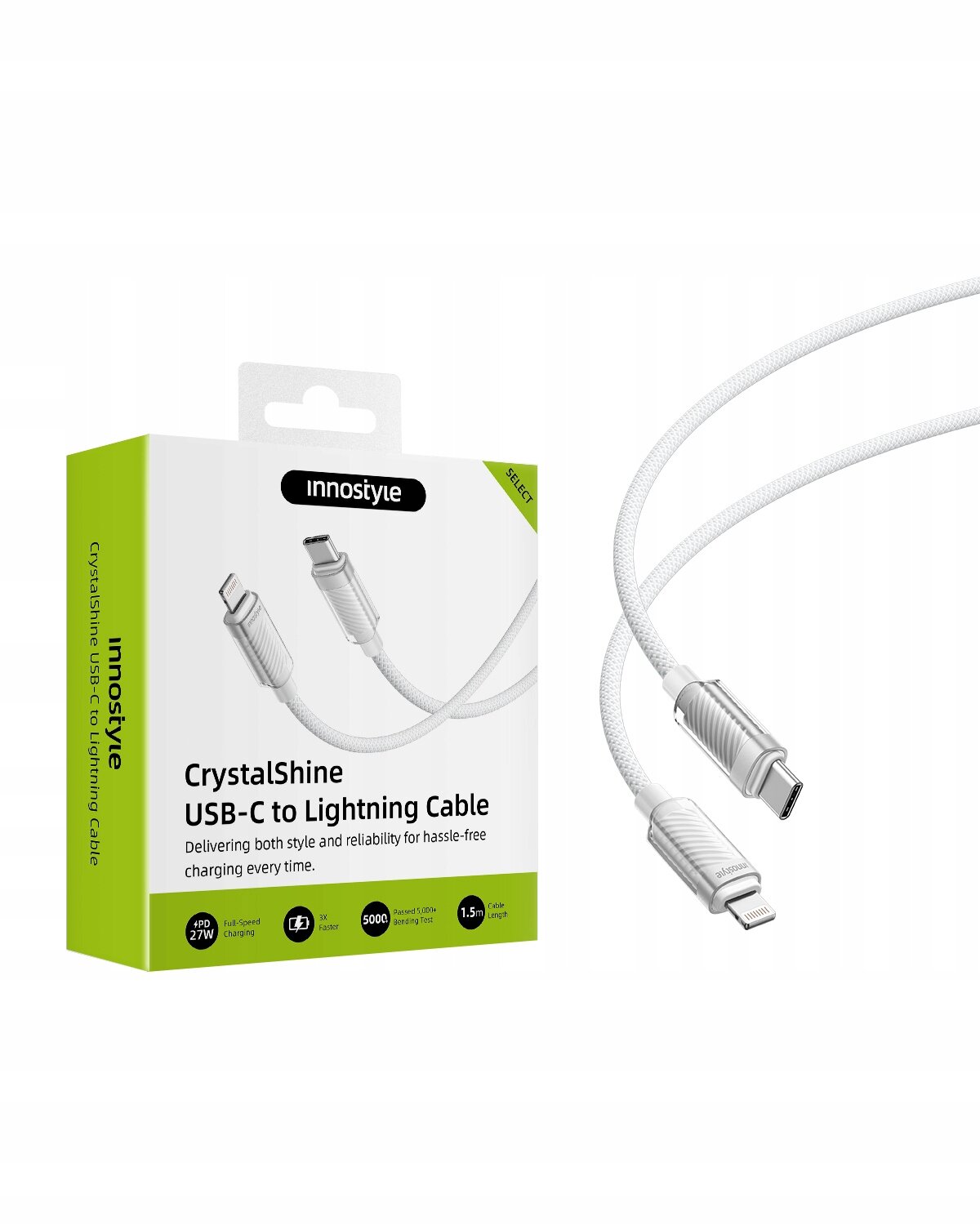 Na obrazie znajduje się opakowanie produktu z logo \'innostyle\' oraz widoczny kabel USB-C do Lightning. Opakowanie zawiera tekst: \'CrystalShine USB-C to Lightning Cable Delivering both style and reliability for hassle-free charging every time.\'