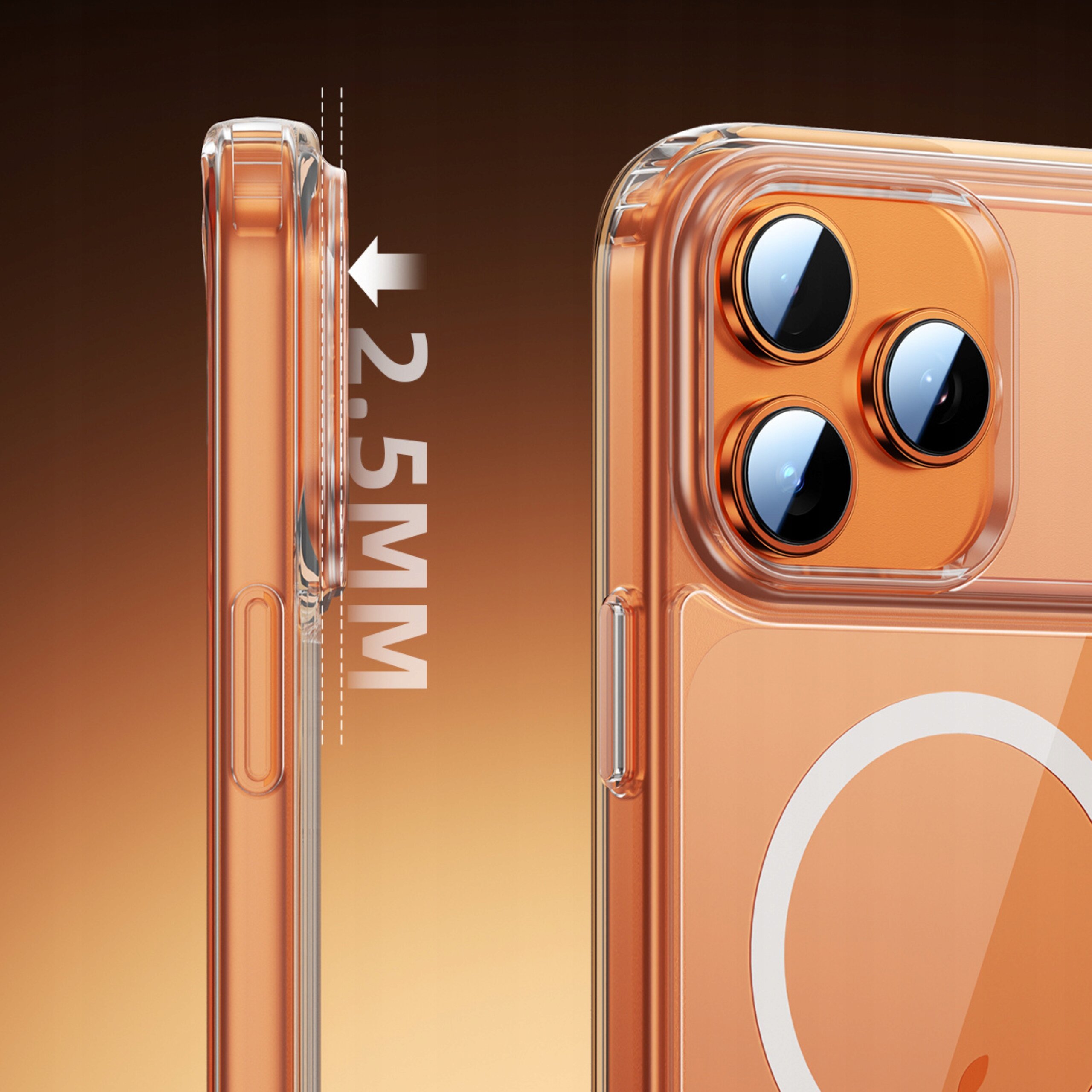 Obraz przedstawia przezroczystą osłonę ochronną na aparat telefonu z widocznym napisem \'2.5MM\' na tle gradientu pomarańczowego.