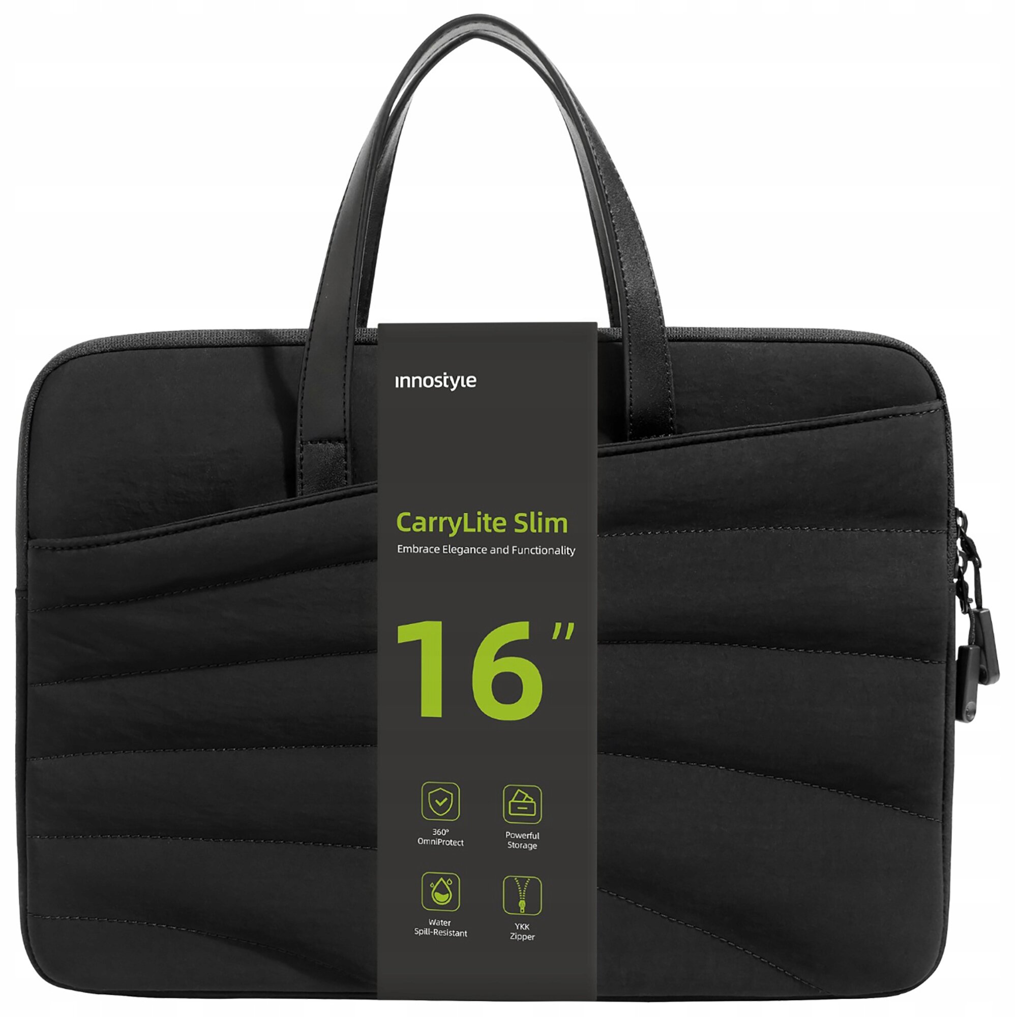Czarna torba na laptopa z uchwytami, z przodu widoczny pasek z napisem \'innostyle CarryLite Slim Embrace Elegance and Functionality 16\
