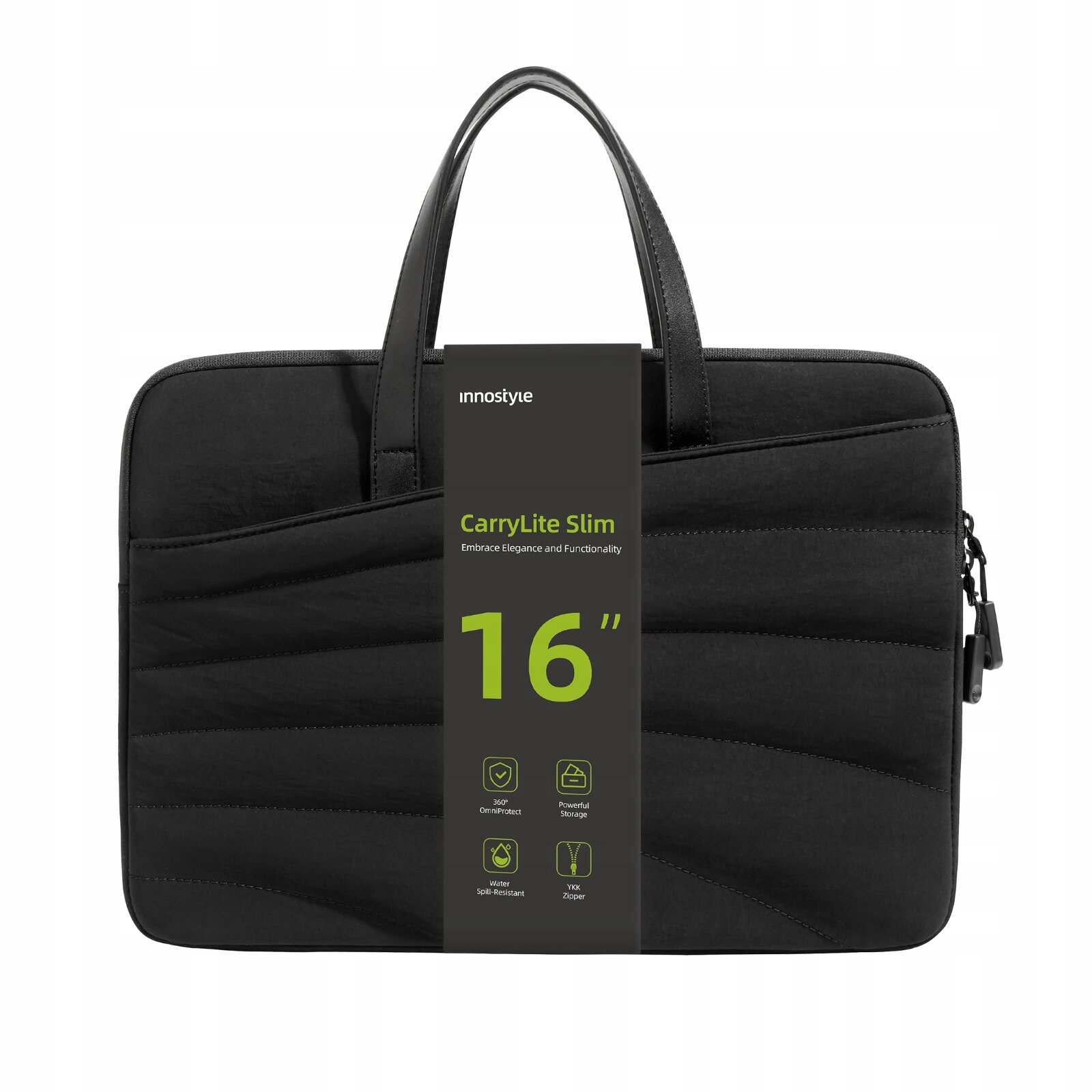 Czarna torba na laptopa z dwoma uchwytami, oznaczona etykietą \'innostyle CarryLite Slim 16\