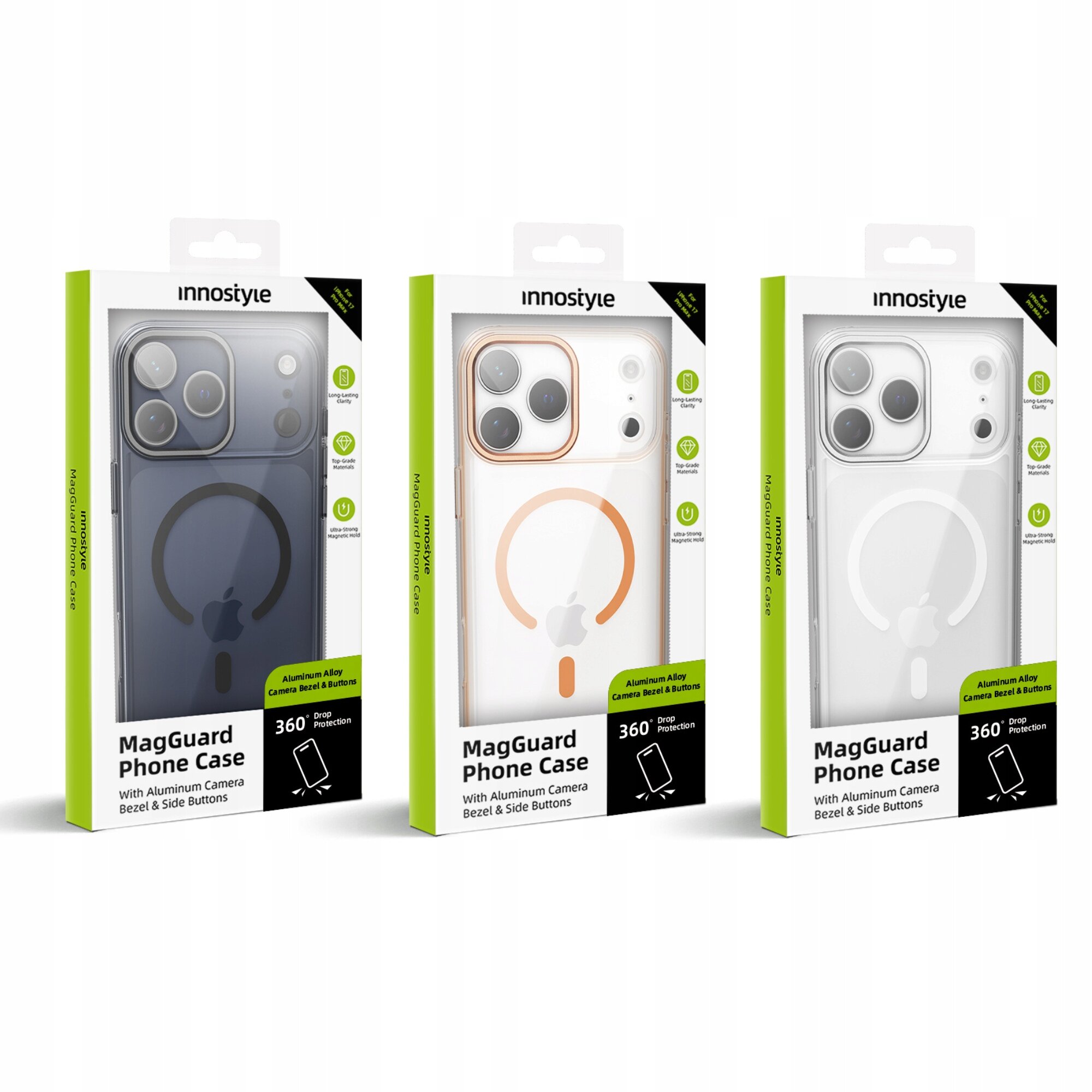 Trzy opakowania etui Innostyle MagGuard Phone Case z widocznymi napisami: \'With Aluminum Camera Bezel & Side Buttons\', \'360° Drop Protection\'.