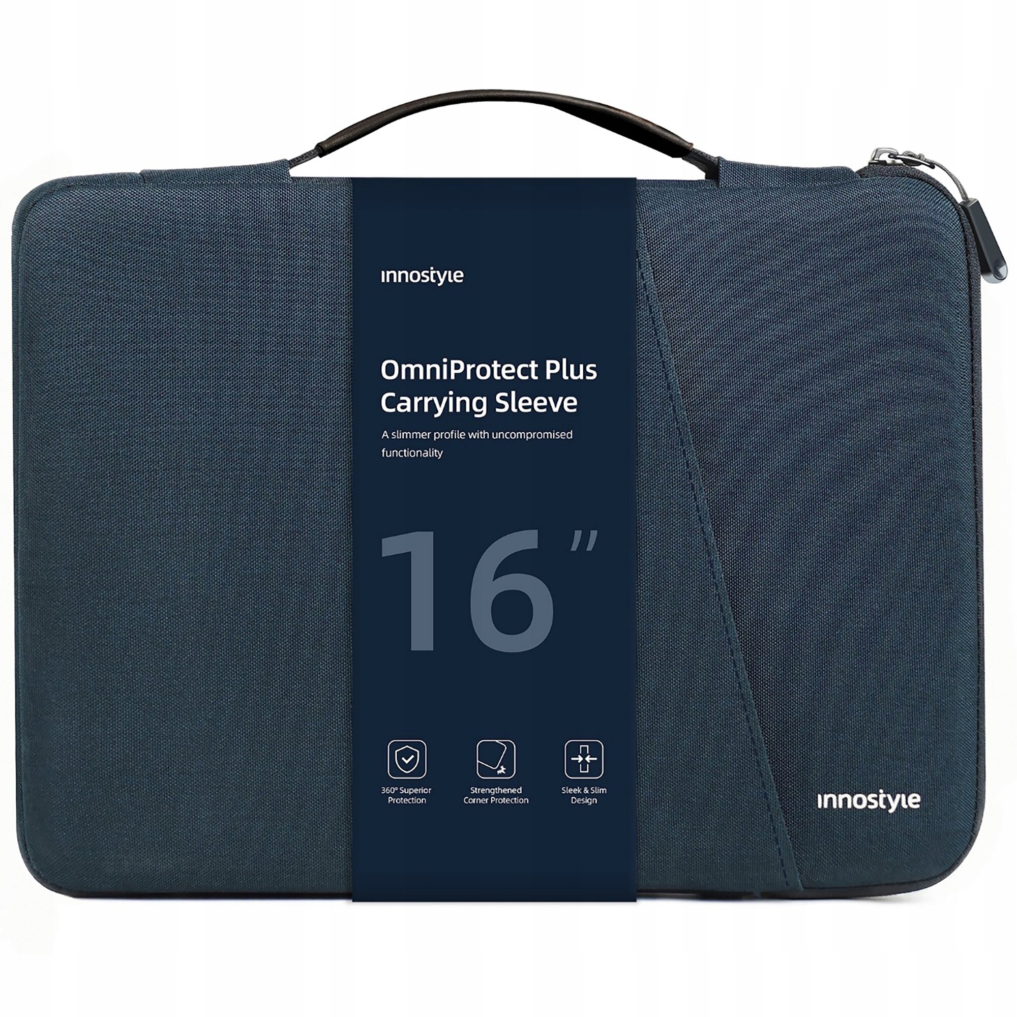 Na obrazie widoczna jest niebieska torba na laptopa z uchwytem, oznaczona jako \'Innostyle OmniProtect Plus Carrying Sleeve 16\