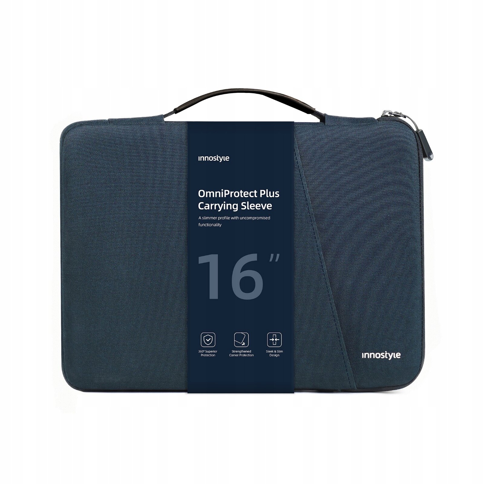 Niebieska torba na laptopa z czarnym uchwytem, oznaczona jako \'OmniProtect Plus Carrying Sleeve 16\