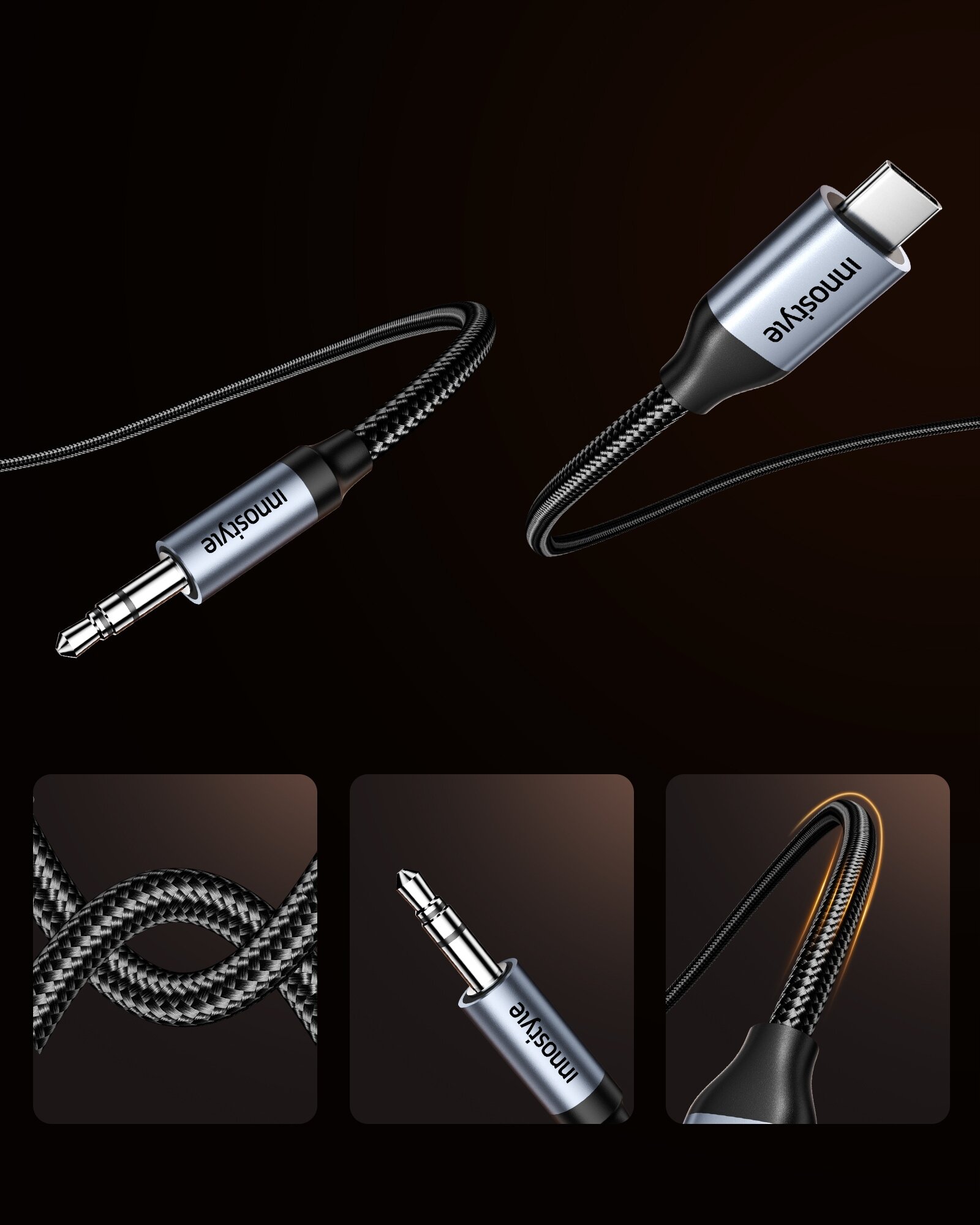 Zdjęcie przedstawia kabel USB C z adapterem mini jack, z widocznym napisem \'innostyle\' na obu końcówkach. Tło jest ciemne, a na zdjęciu znajdują się również trzy zbliżenia na szczegóły kabla.