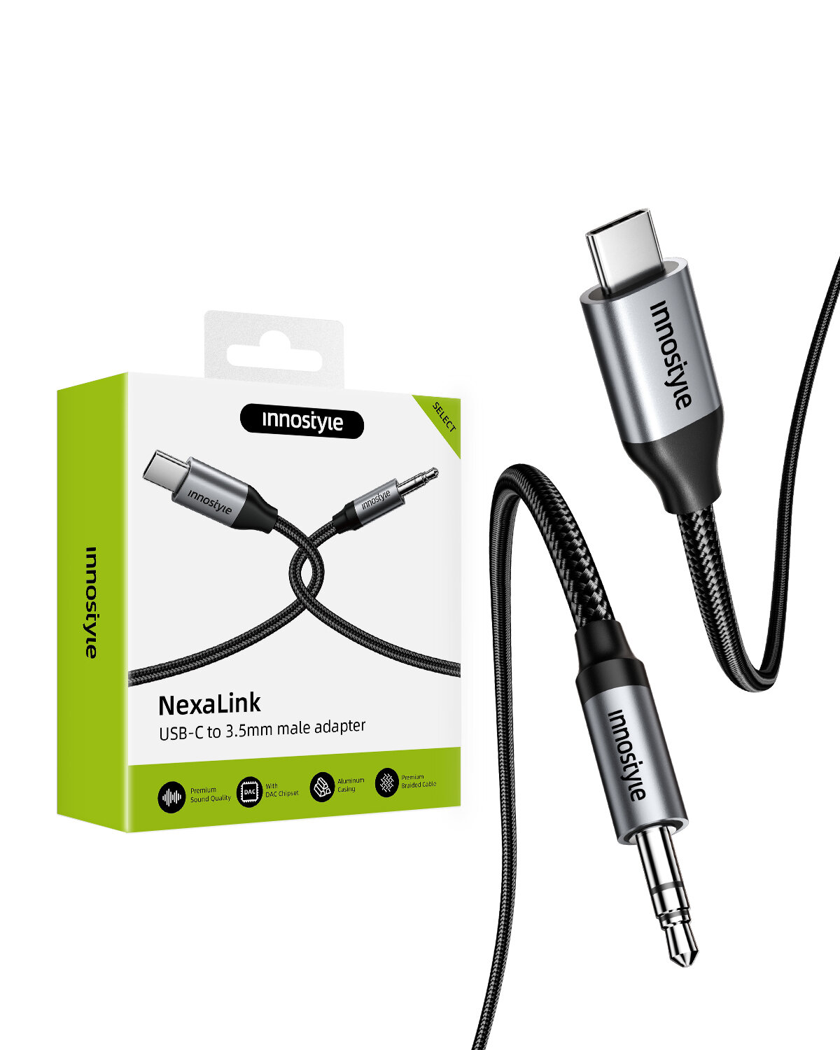 Na obrazie widoczny jest kabel USB-C do 3.5mm z logo \'innostyle\' oraz opakowanie z napisem \'NexaLink USB-C to 3.5mm male adapter\'.