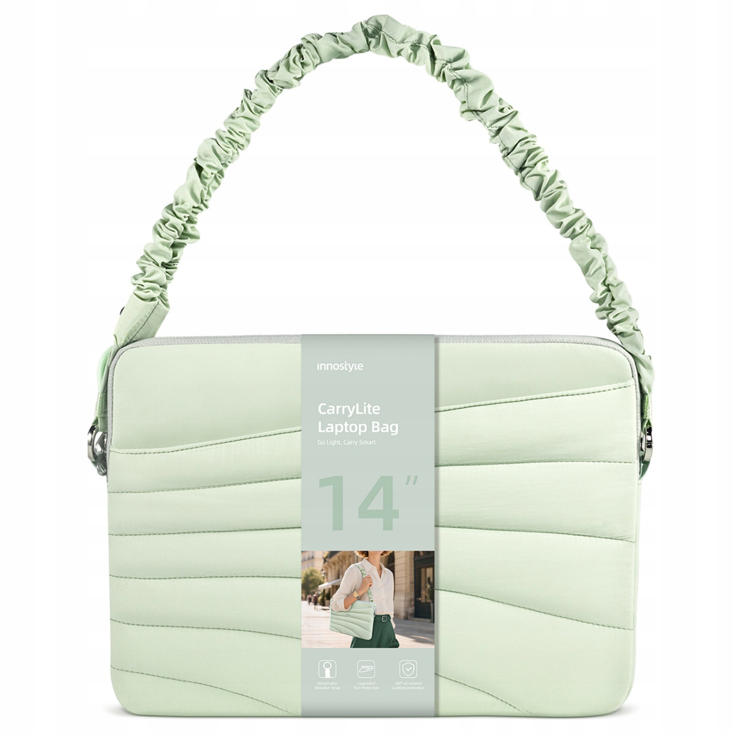 Jasnozielona torba na laptopa z marszczonym paskiem i etykietą z napisem \'innostyle CarryLite Laptop Bag 14\