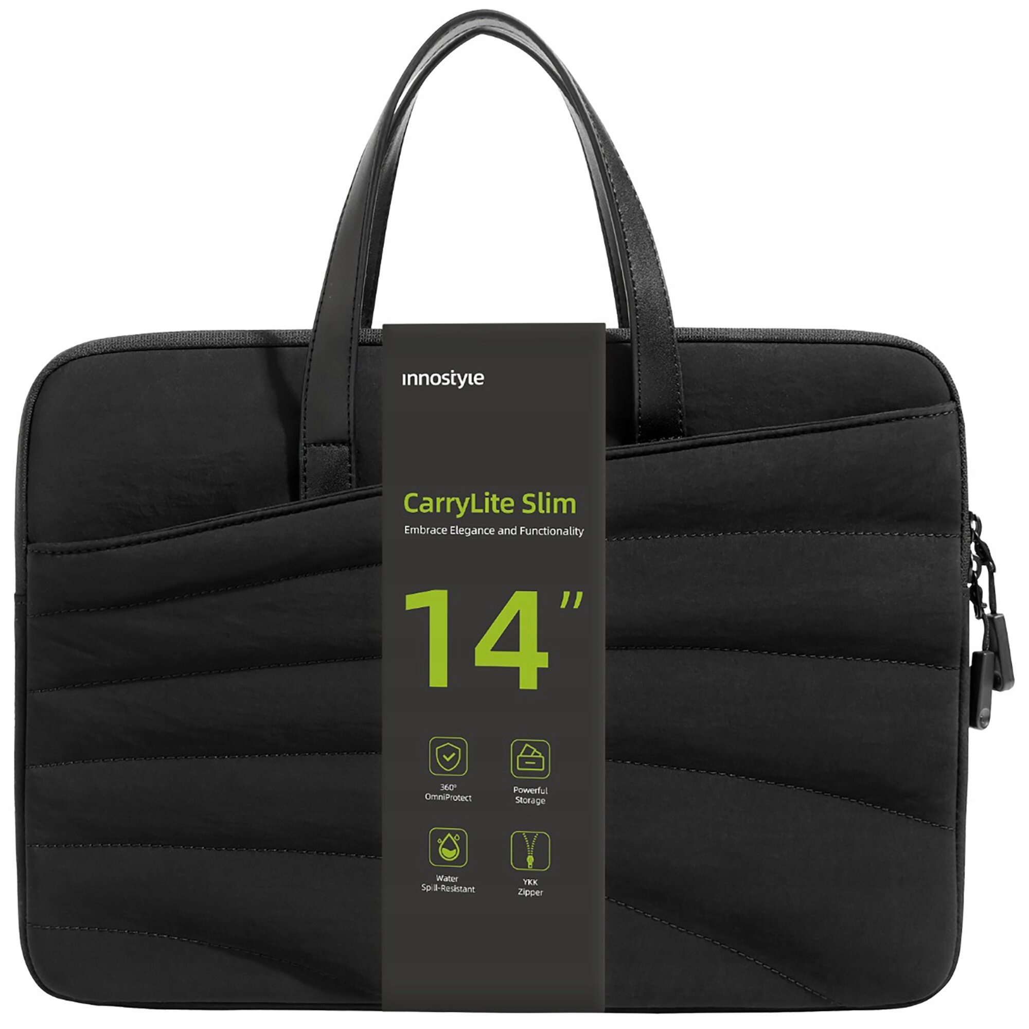 Czarna torba na laptopa z dwoma uchwytami, na której widnieje napis \'innostyle CarryLite Slim Embrace Elegance and Functionality 14\