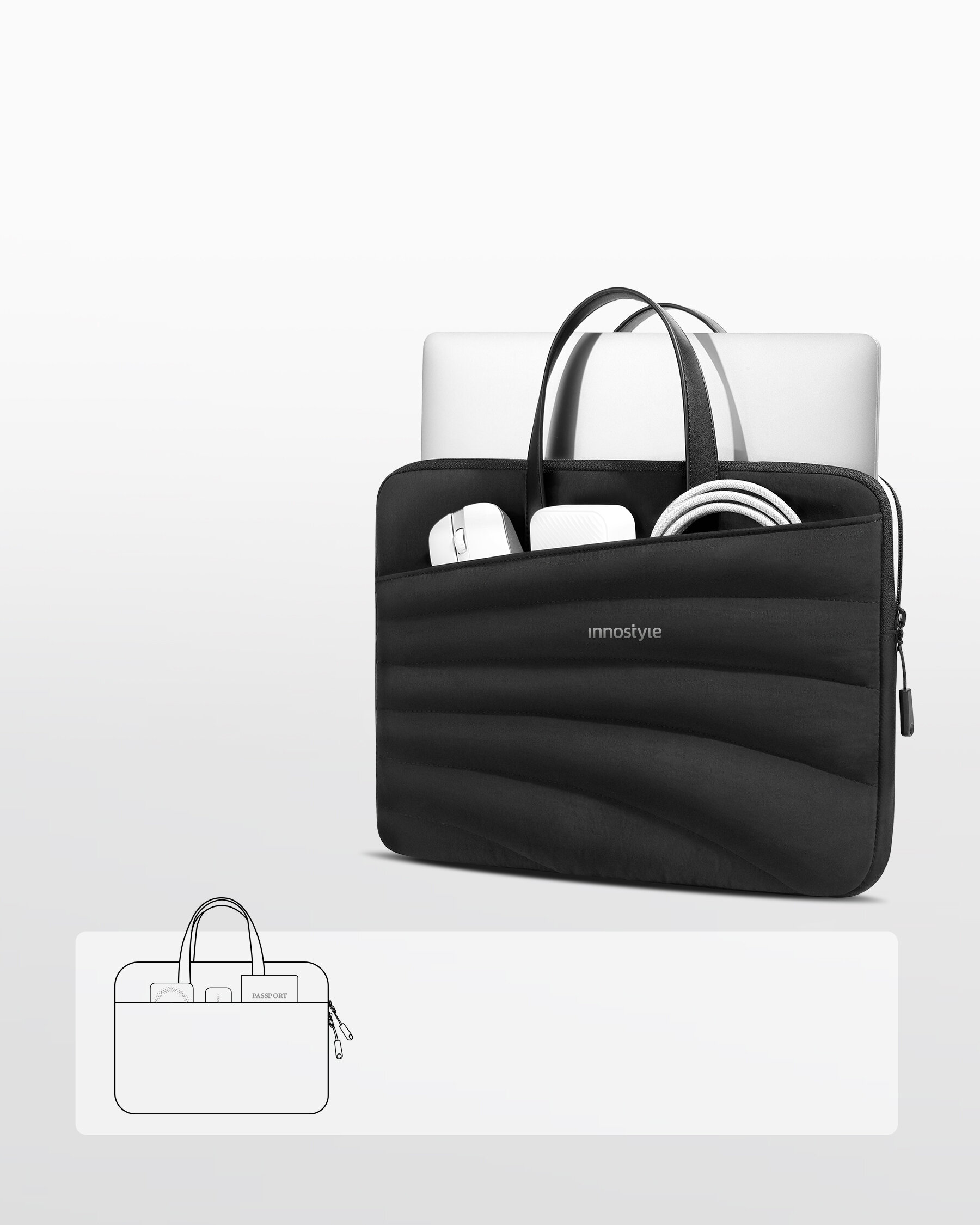 Czarna torba na laptopa z logo \'innostyle\', zawierająca laptop, słuchawki i kabel. Na dole znajduje się schematyczny rysunek torby z widocznymi uchwytami i zamkiem błyskawicznym.
