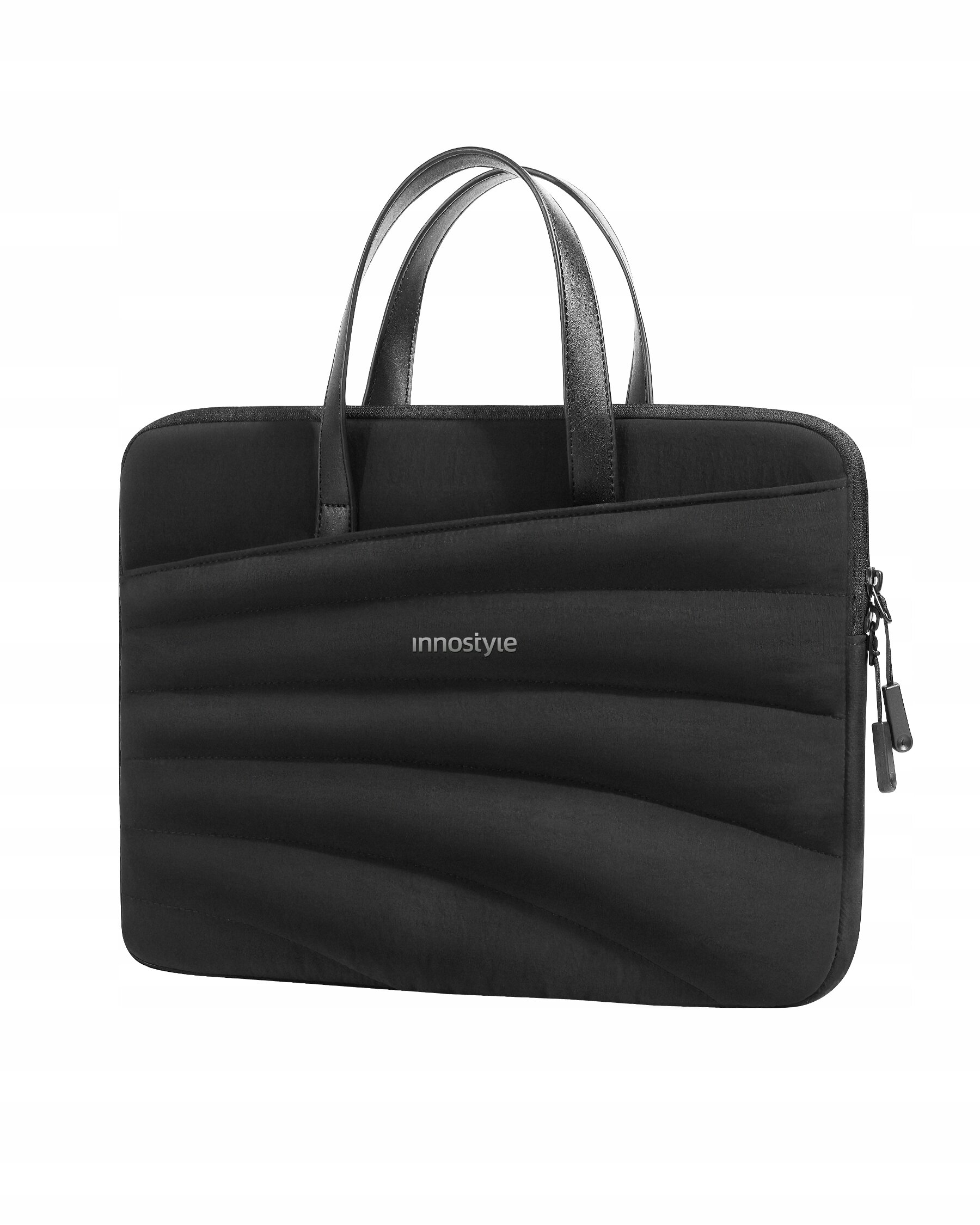 Czarna torba na laptopa z dwoma uchwytami i zamkiem błyskawicznym, z widocznym logo \'innostyle\' na przodzie.