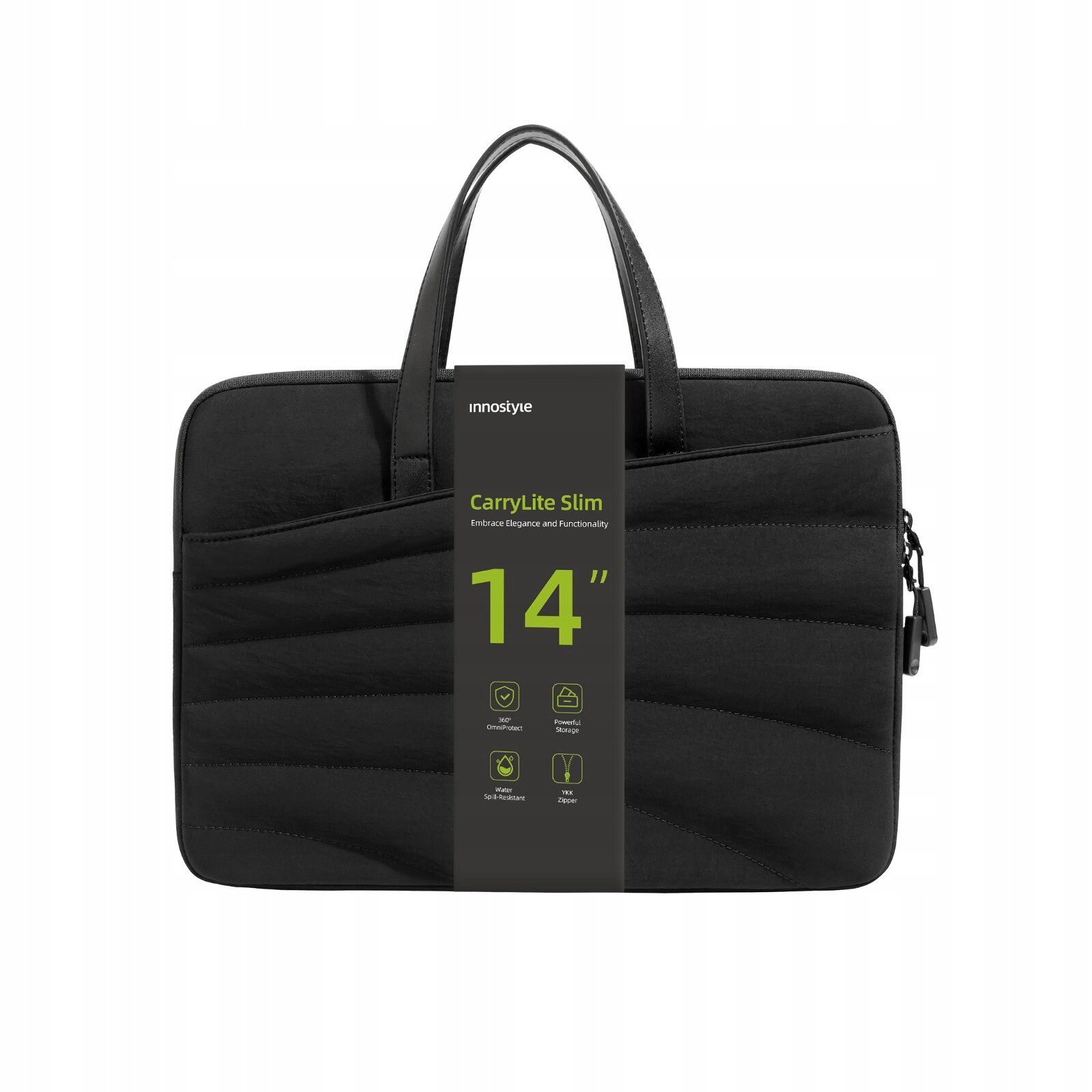 Czarna torba na laptopa z dwoma uchwytami, oznaczona etykietą \'innostyle CarryLite Slim 14\