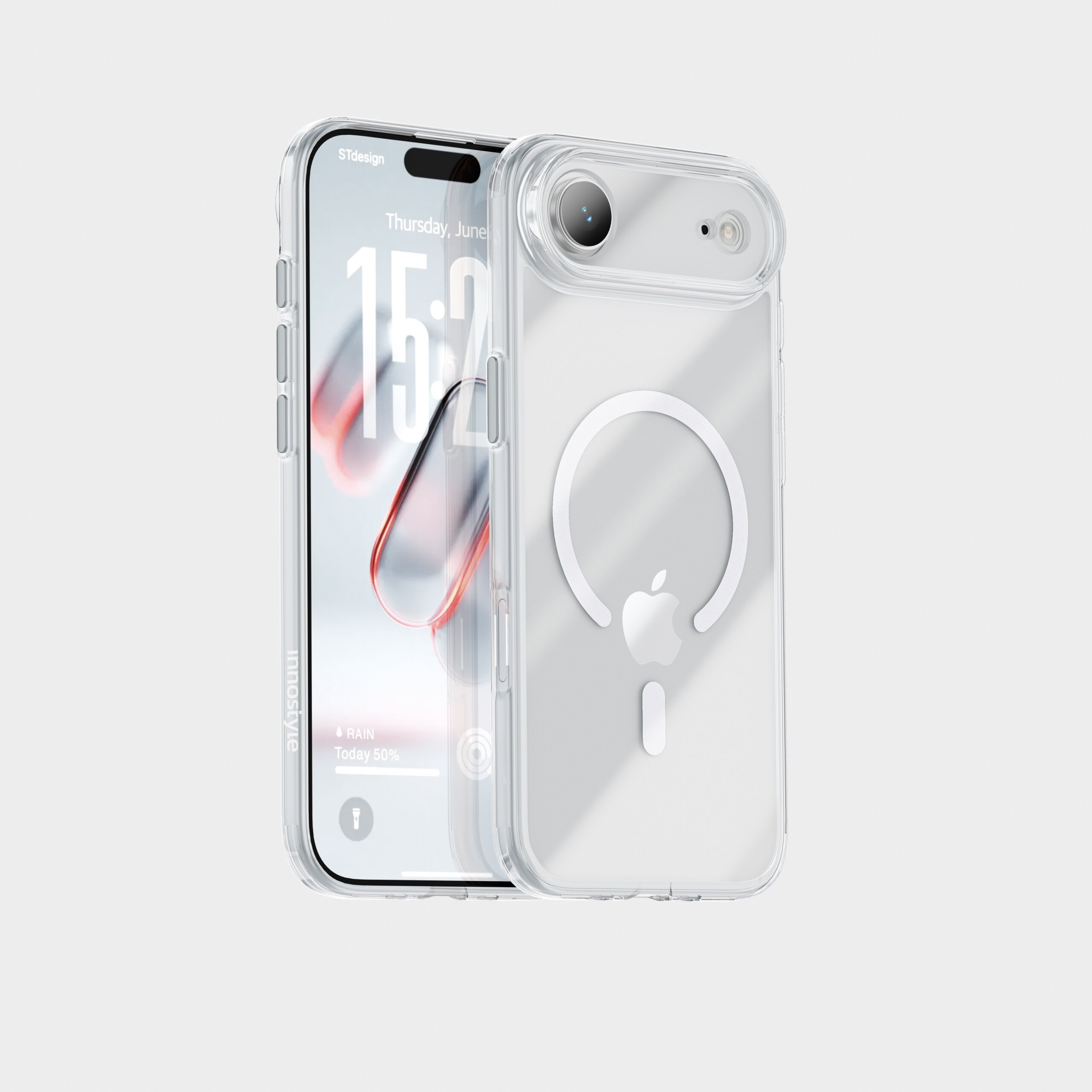 Przezroczyste etui na telefon z widocznym logo Apple i okrągłym wzorem na tylnej części. Na ekranie telefonu wyświetlana jest godzina 15:32 i data czwartek, 9 czerwca.