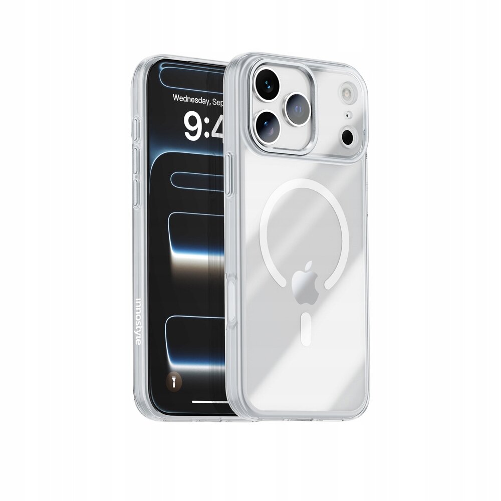 Przezroczyste etui magnetyczne z widocznym logo jabłka, przeznaczone do iPhone 17 Pro Max, z napisem \'innostyle\' na boku. Telefon na ekranie wyświetla godzinę 9:41 i datę Wednesday, September.
