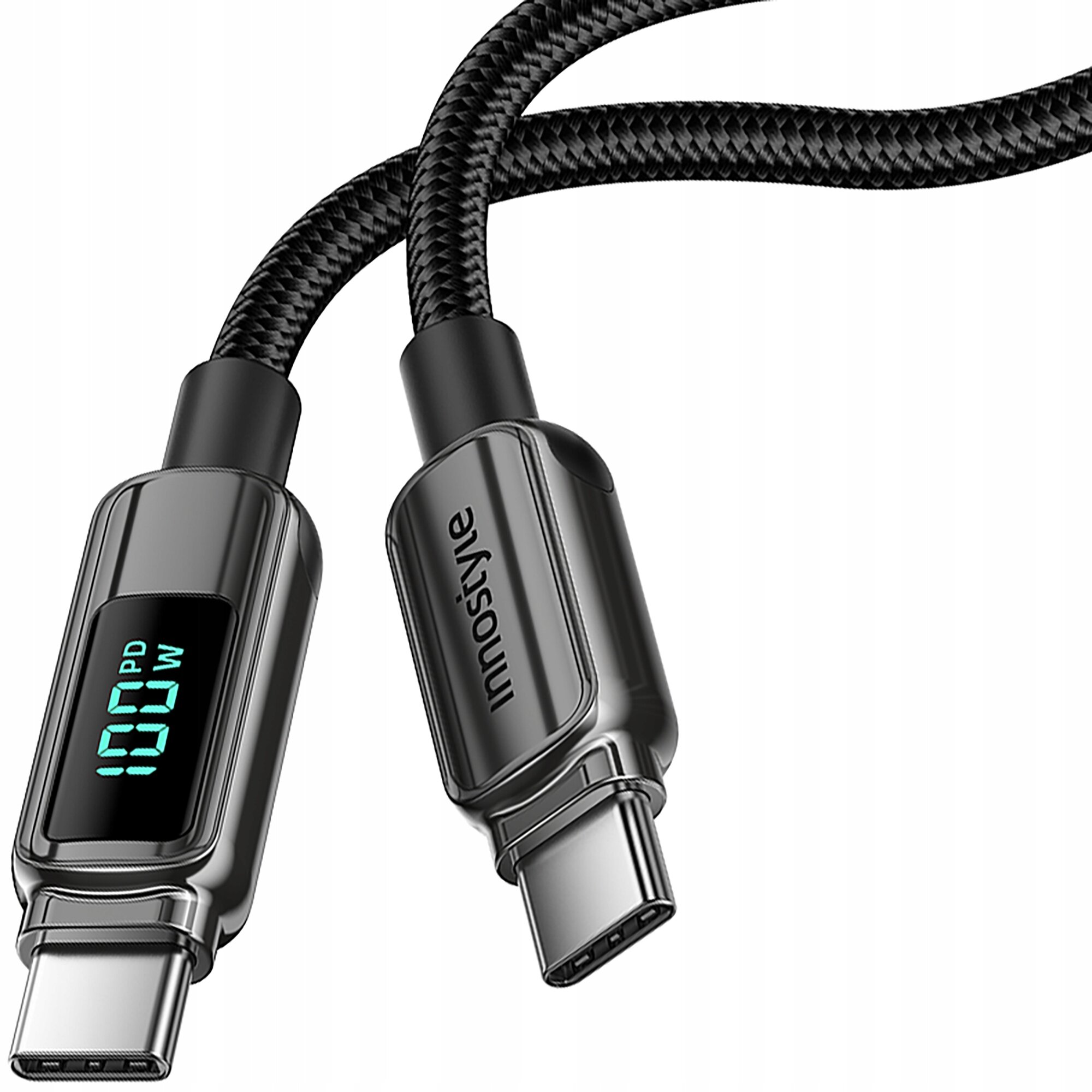 Kabel USB-C z wyświetlaczem pokazującym \'100 PD W\' oraz napisem \'Innostyle\' na obudowie złącza.