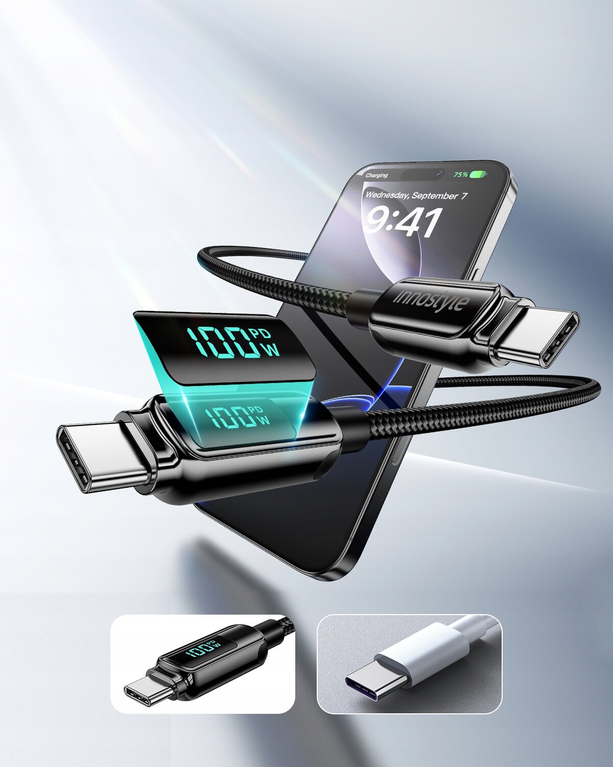 Na zdjęciu widoczny jest kabel USB-C z wyświetlaczem pokazującym \'100 PD W\', obok smartfona z ekranem wyświetlającym datę \'Wednesday, September 7\' i godzinę \'9:41\'. Na kablu znajduje się napis \'Innostyle\'.