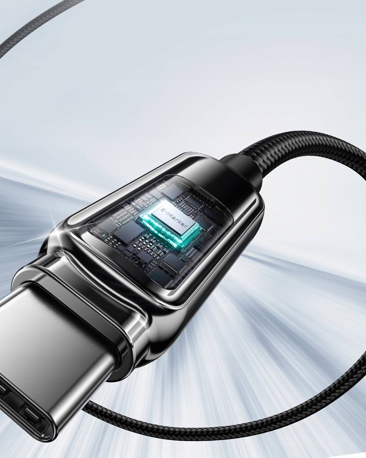 Zbliżenie na kabel USB-C z wyświetlaczem, pokazujący wewnętrzne komponenty elektroniczne i napis \'Fasgear\'.