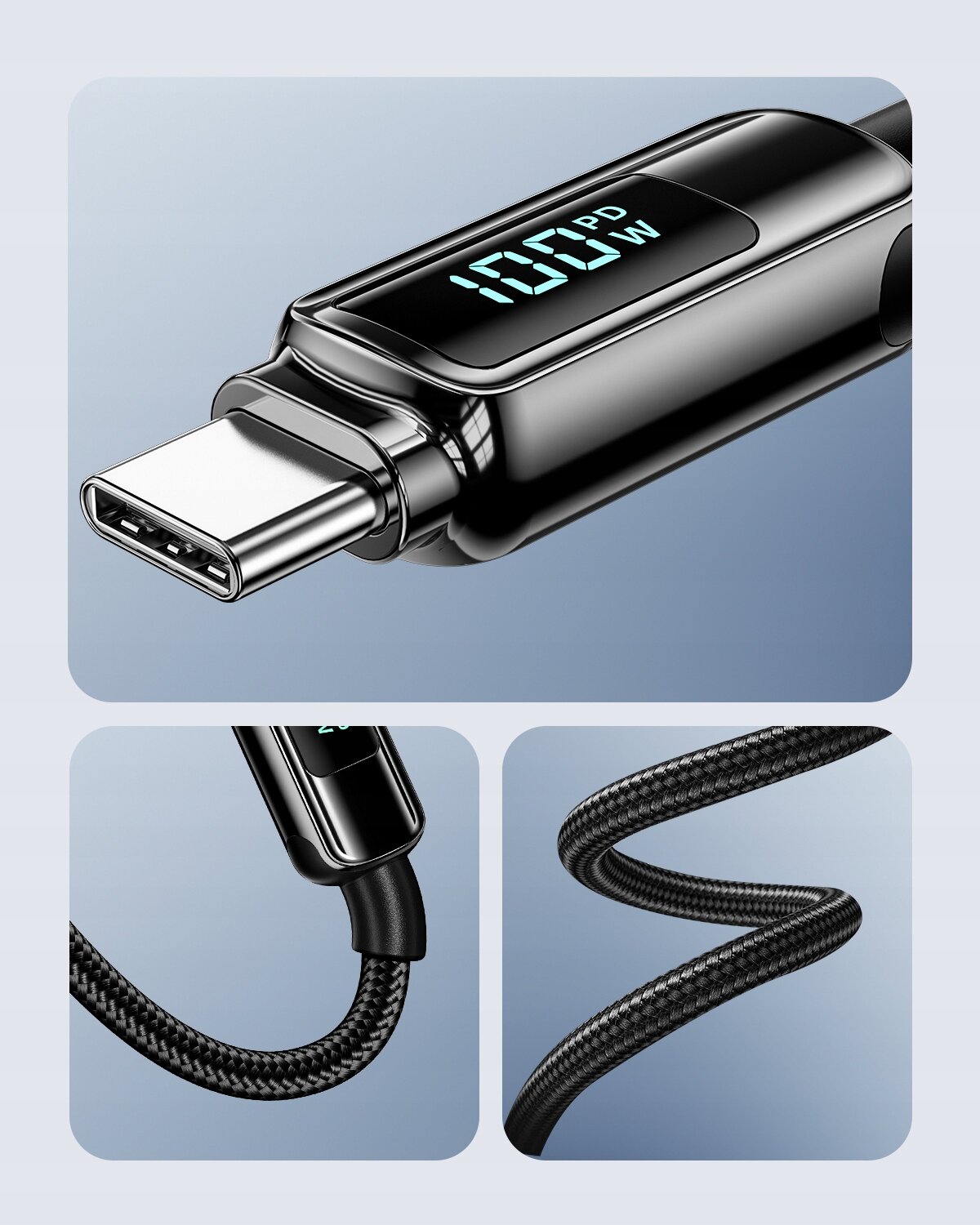 Obraz przedstawia kabel USB-C z wyświetlaczem pokazującym \'100 PD W\'. Kabel ma plecioną osłonę i metalowe złącze.