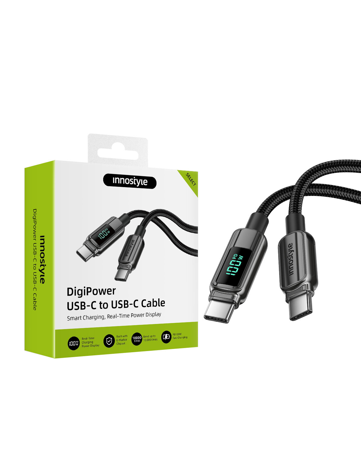 Na obrazie znajduje się opakowanie i kabel USB-C z wyświetlaczem, pokazującym wartość \'100W\'. Opakowanie ma logo \'innostyle\' i napis \'DigiPower USB-C to USB-C Cable\'.