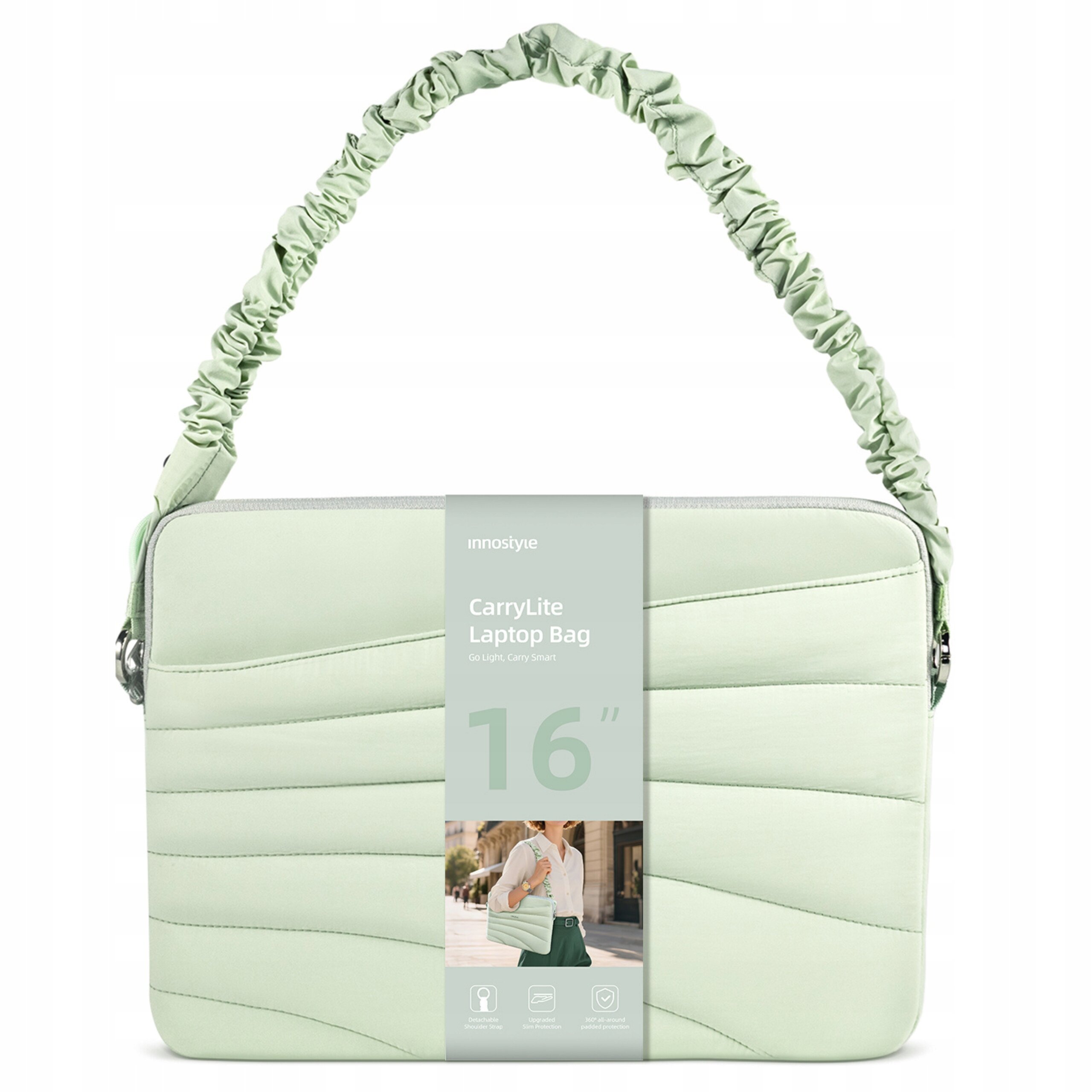 Jasnozielona torba na laptopa z marszczonym paskiem i etykietą z napisem \'innostyle CarryLite Laptop Bag 16\