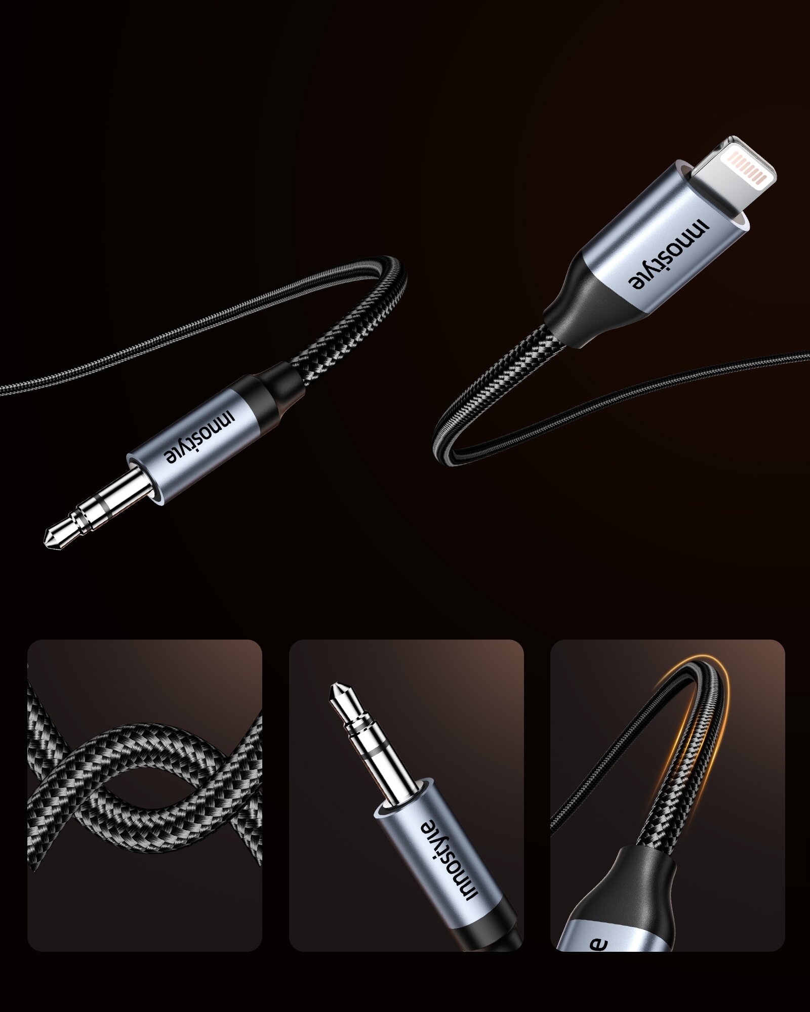 Zdjęcie przedstawia kabel z końcówkami Lightning i mini jack, z widocznym napisem \'innostyle\' na obu końcówkach. Kabel ma plecioną strukturę i jest pokazany na ciemnym tle z trzema zbliżeniami na szczegóły konstrukcji.