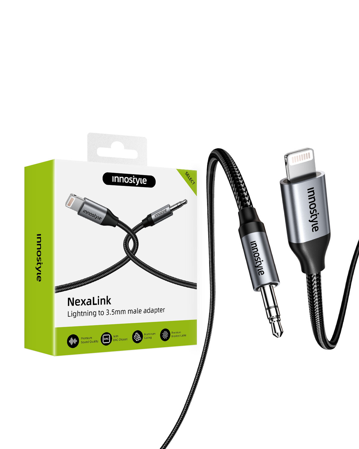 Na obrazie znajduje się opakowanie produktu marki Innostyle z napisem \'NexaLink Lightning to 3.5mm male adapter\'. Obok opakowania widoczny jest kabel z końcówkami Lightning i mini jack, również oznaczony logo Innostyle.