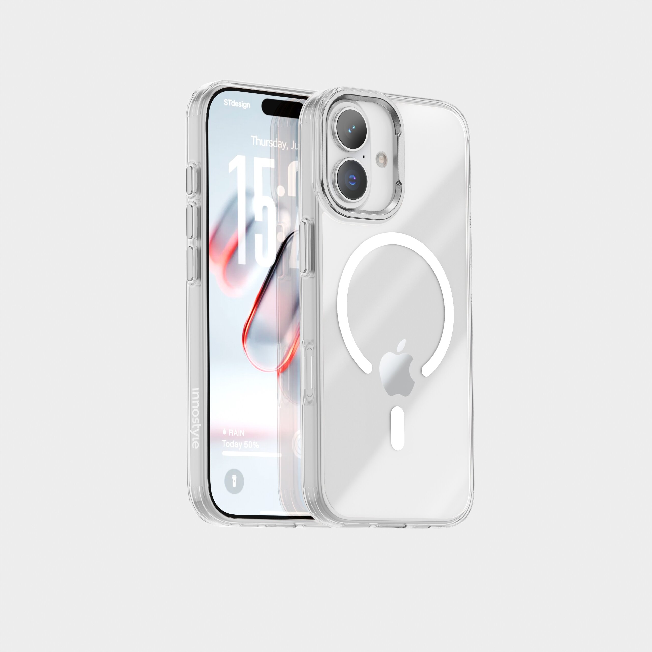 Przezroczyste etui magnetyczne z widocznym logo producenta na boku oraz symbolem Magsafe na tylnej części, przeznaczone do iPhone 17. Na ekranie telefonu widoczny jest tekst: \'Thursday, 15:30\'.