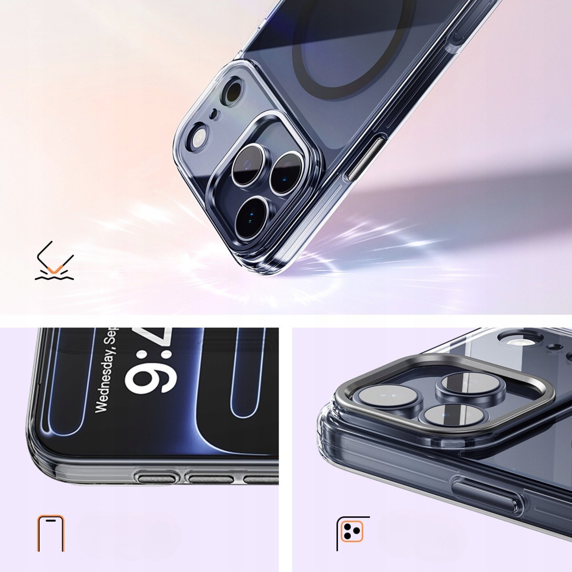 Zdjęcie przedstawia przezroczyste etui magnetyczne na telefon z widocznymi przyciskami i wycięciami na aparat. W tle widoczny jest gradientowy kolor, a na zdjęciu znajdują się ikony przedstawiające funkcje etui.