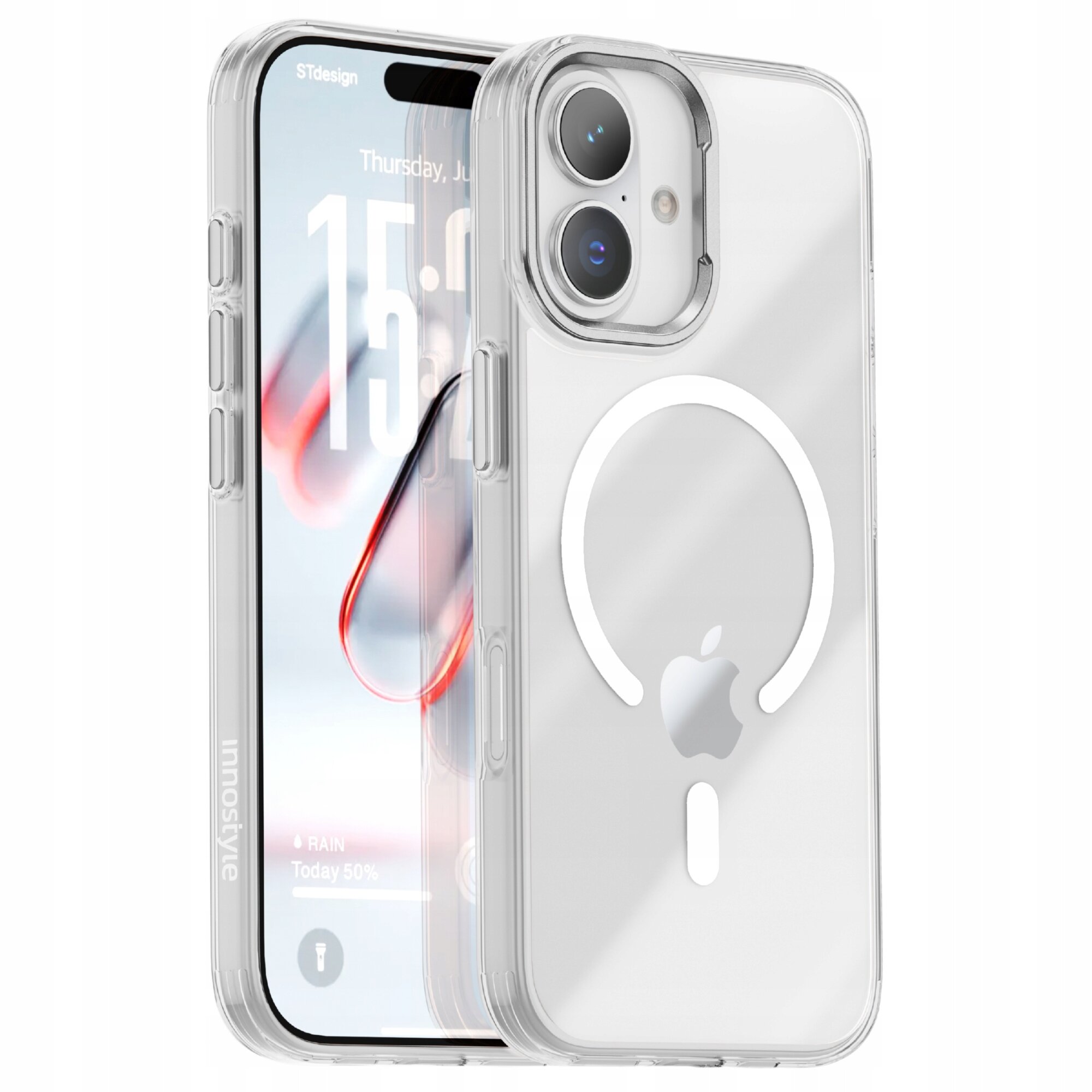 Przezroczyste etui na telefon z widocznym logo w kształcie jabłka i okręgiem na tylnej części. Na ekranie telefonu widoczny jest tekst: \'Thursday, June 15\' oraz \'RAIN Today 50%\'.