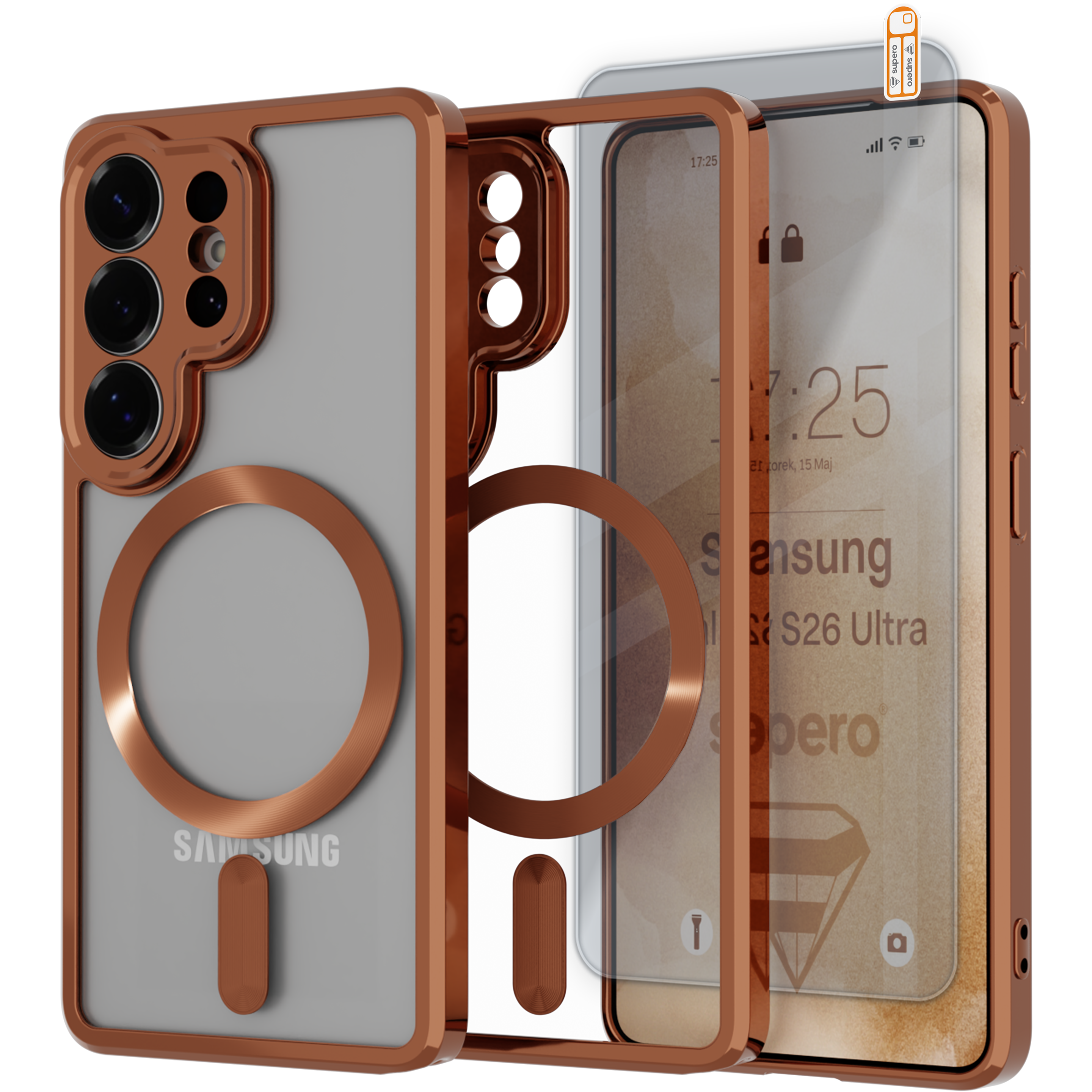 Obraz przedstawia magnetyczne etui do telefonu Samsung Galaxy S26 Ultra w kolorze miedzianym, z przezroczystymi pleckami i miejscem na aparat. Obok etui znajduje się szkło ochronne na ekran.