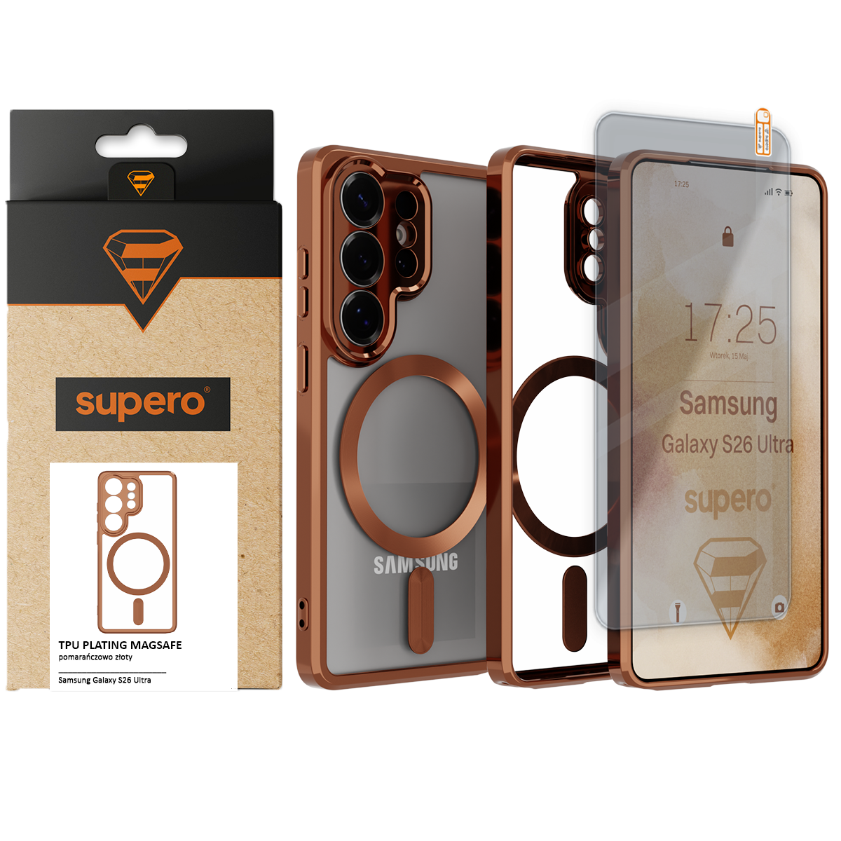 Obraz przedstawia magnetyczne etui do Samsung Galaxy S26 Ultra w kolorze pomarańczowego złota, z przezroczystym szkłem ochronnym. Na opakowaniu widnieje logo \'supero\' oraz napis \'TPU PLATING MAGSAFE pomarańczowo złoty\'.