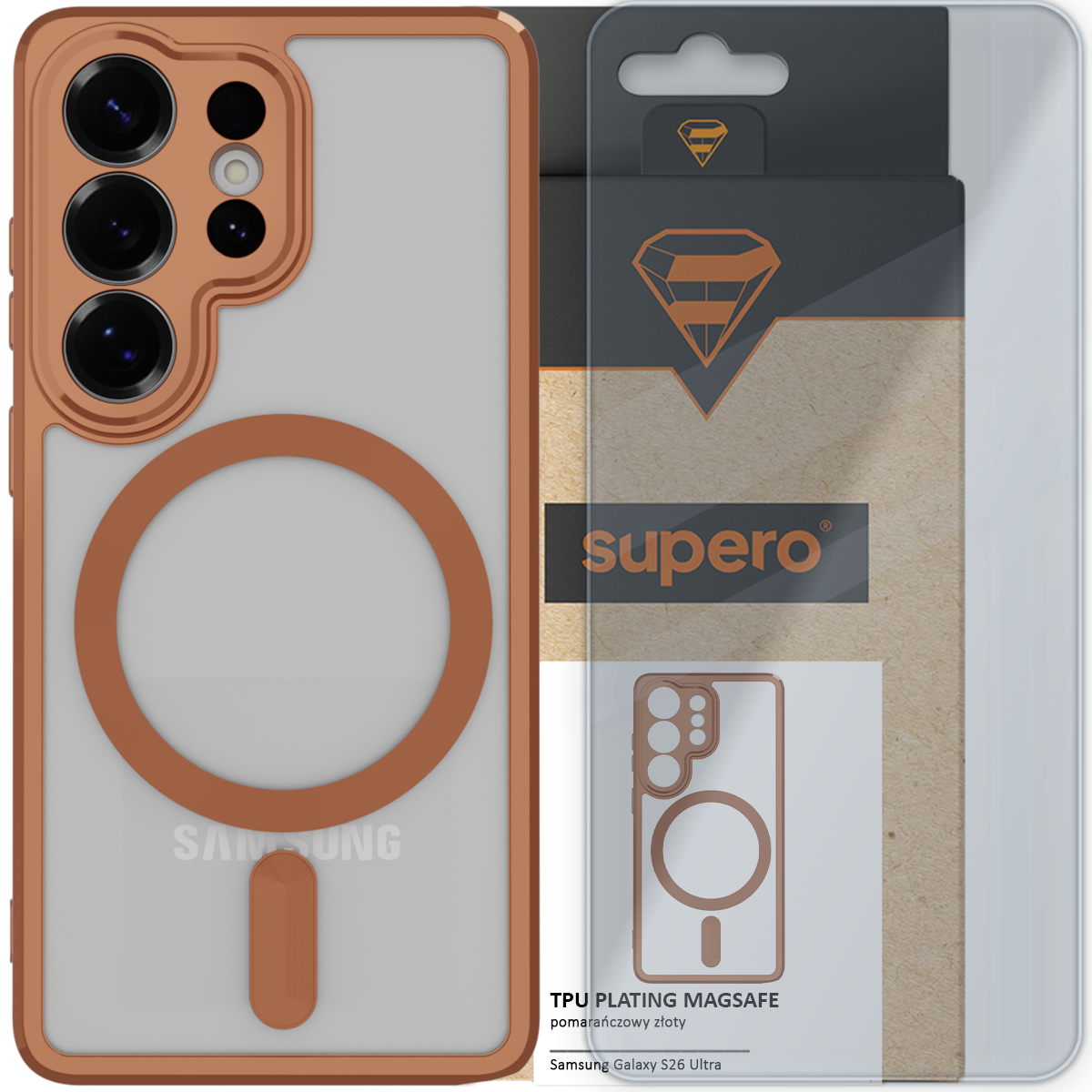 Obraz przedstawia etui do telefonu z trzema dużymi otworami na aparaty i pomarańczowym obramowaniem. Obok znajduje się opakowanie z logo \'supero\' i napisem \'TPU PLATING MAGSAFE pomarańczowy złoty\'.