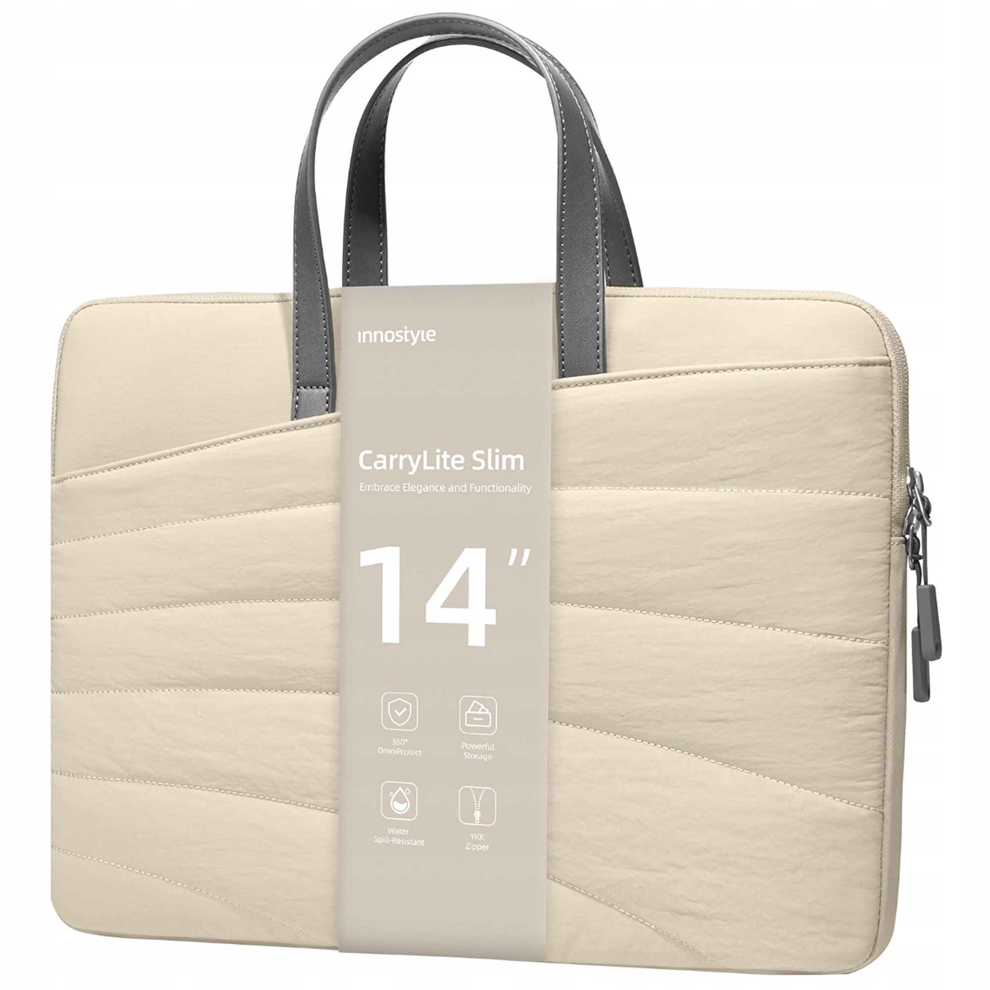 Beżowa torba na laptopa z szarymi uchwytami, oznaczona jako \'innostyle CarryLite Slim 14\